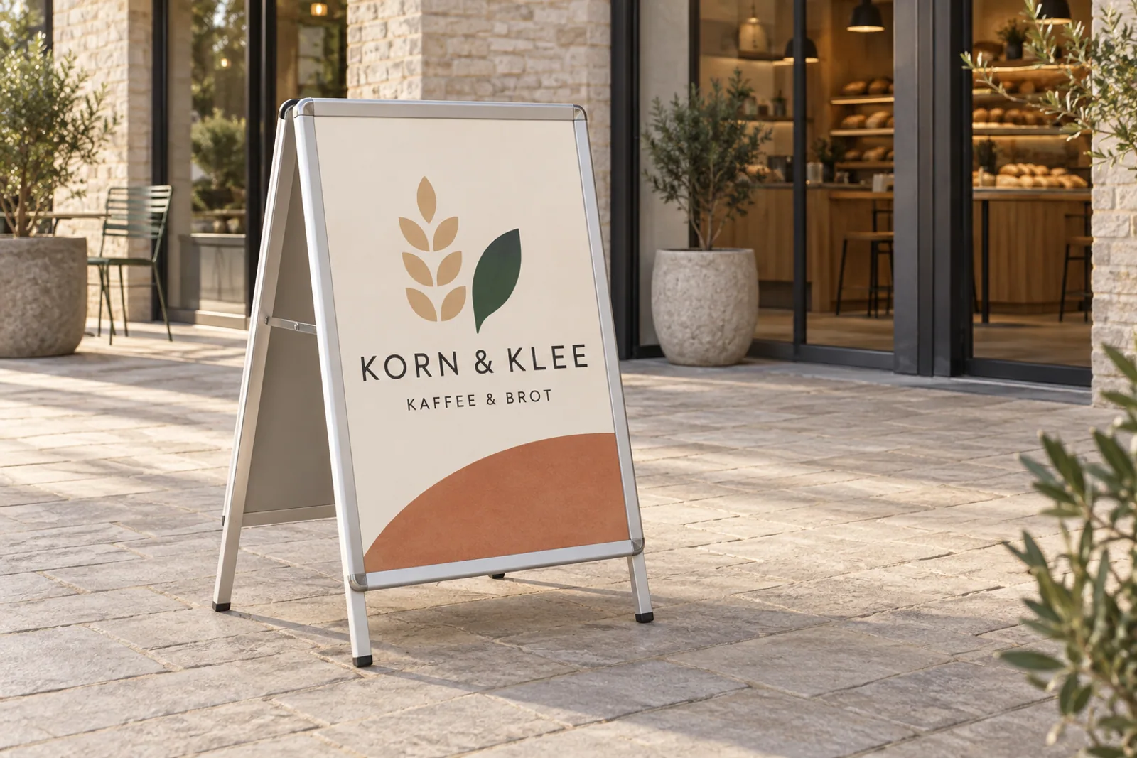 Ein silberner Klappaufsteller mit dem Schriftzug KORN & KLEE steht auf einem großzügigen Cafévorplatz.