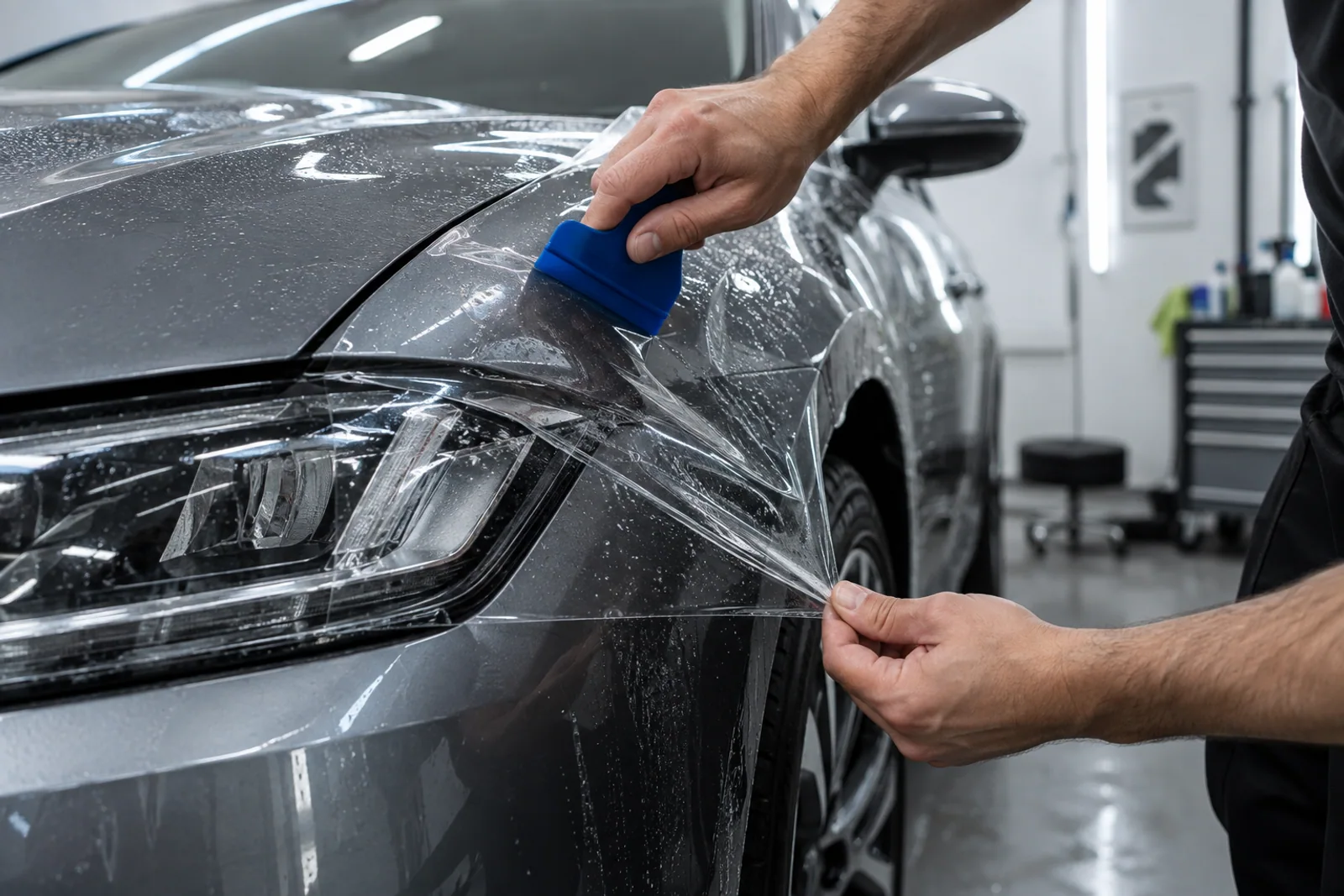 Transparente Lackschutzfolie wird mit einer blauen Rakel an der Front eines silbergrauen Autos verarbeitet.