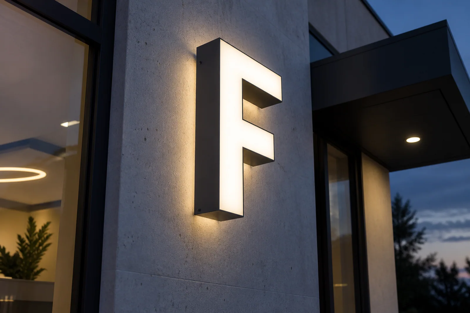 Weiß leuchtender Musterbuchstabe F mit dunklem Metallkörper an einer Betonfassade.