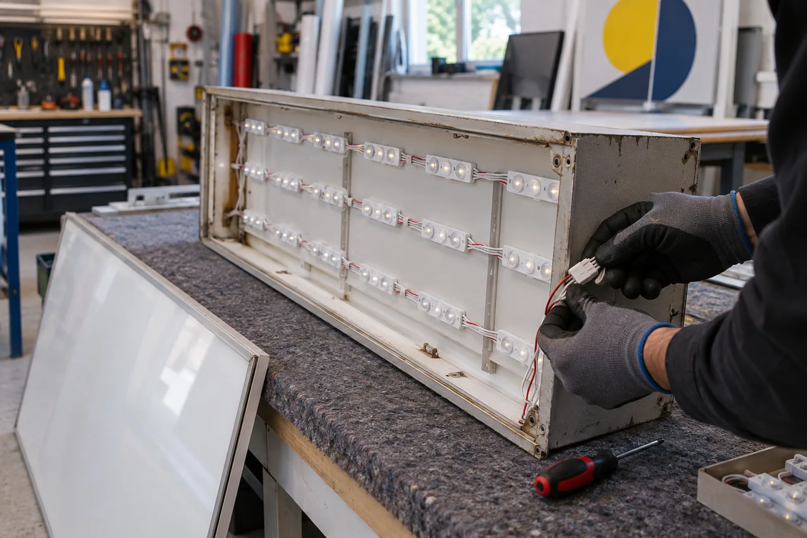 Geöffneter älterer Leuchtkasten mit LED-Modulen und behandschuhten Händen an einem Steckverbinder.