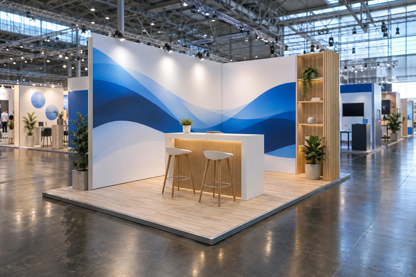 Kompakter Messestand mit blauen Wellenmotiven, Holzregal und heller Empfangstheke.