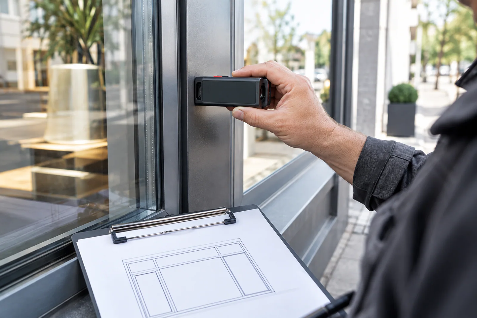 Aufmaß am Schaufenster mit einem handgehaltenen Distanzmessgerät und einer Fensterskizze.