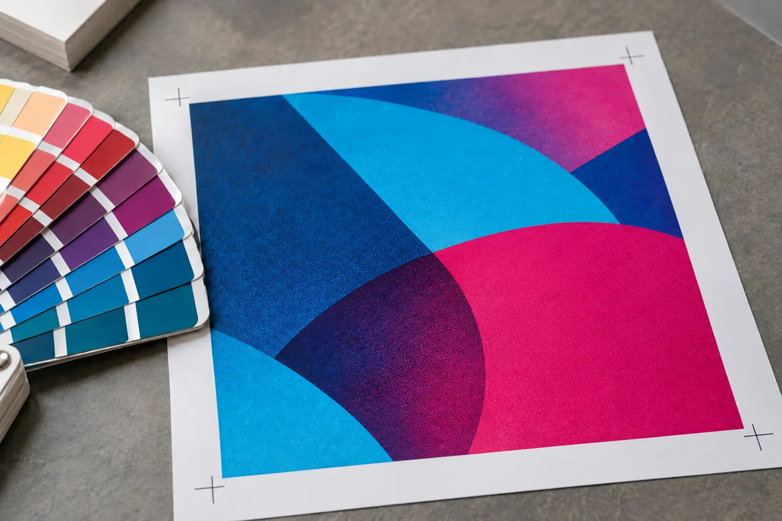 Unbeschrifteter Farbfächer neben einem cyan-magenta Druckbogen mit geometrischen Flächen und vier Schnittmarken.
