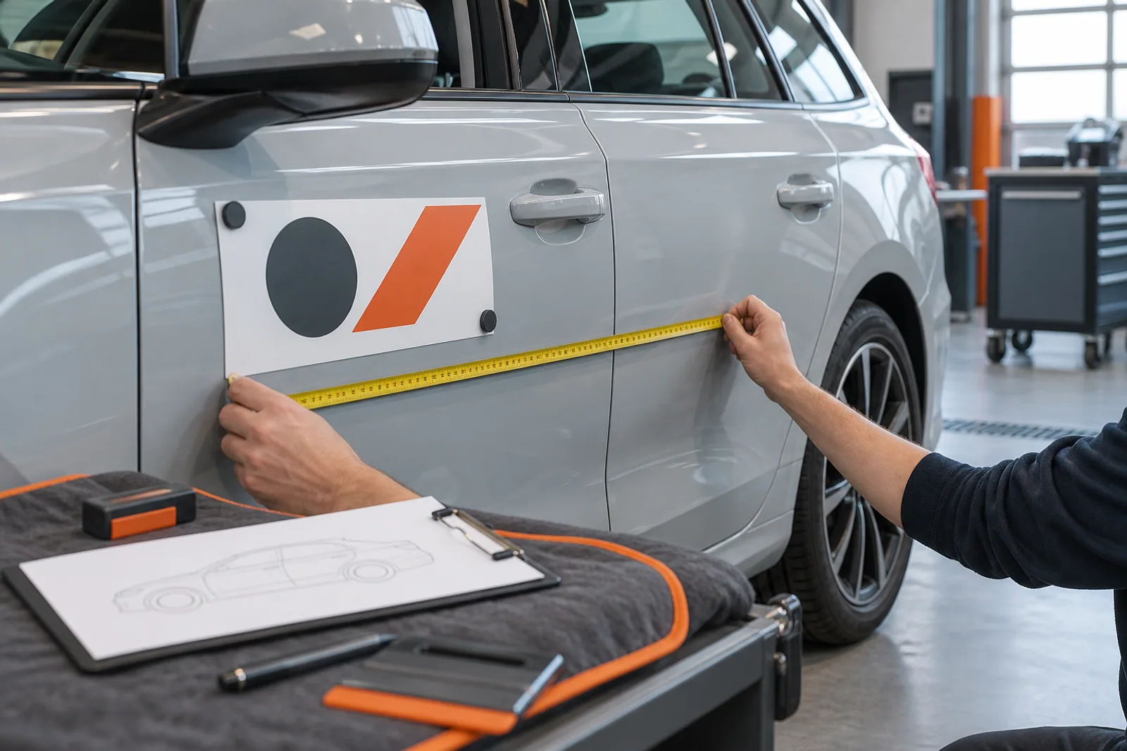 Aufmaß einer Autotür mit Maßband und magnetisch befestigter Grafikschablone.