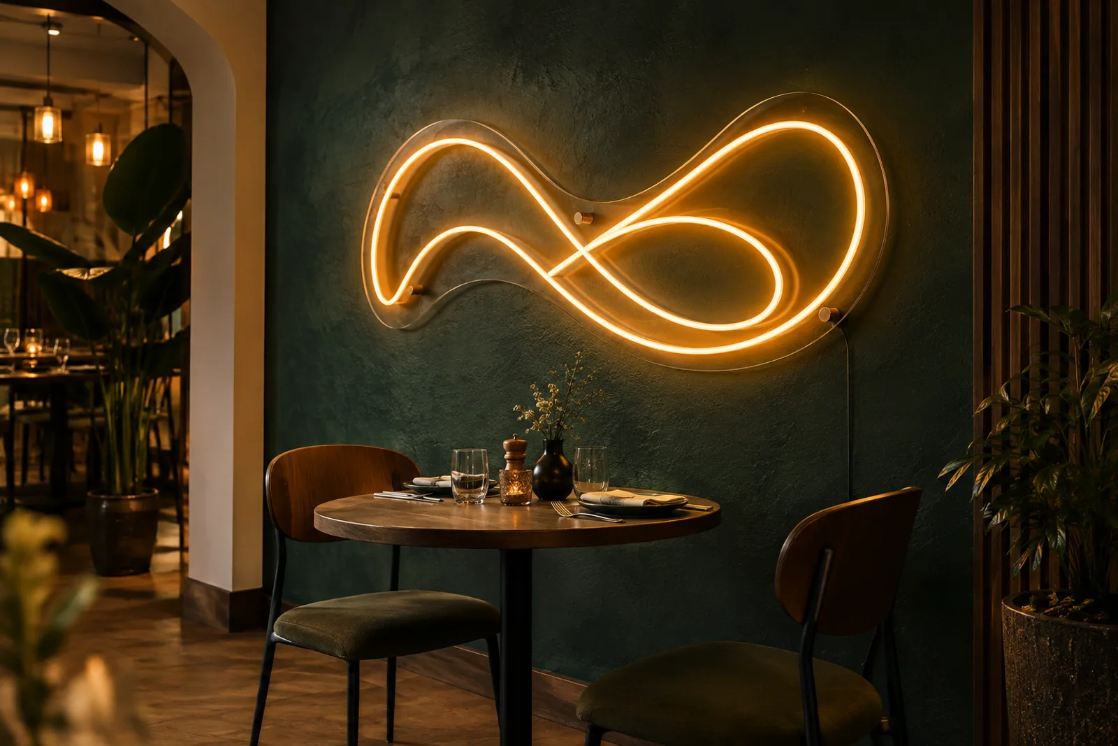 Warmgelbe LED-Linienskulptur auf transparenter Trägerplatte über einem Restauranttisch.