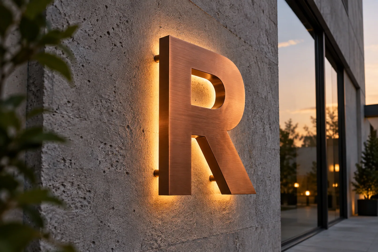 Kupferfarbener Musterbuchstabe R mit warmem Rücklicht an einer Betonfassade.