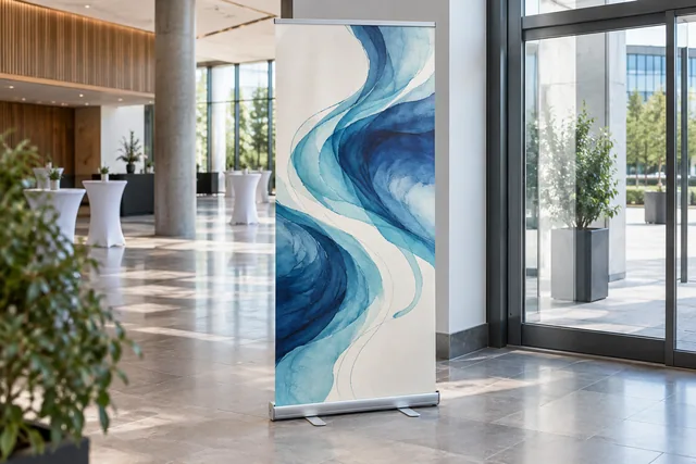 Roll-up mit blauem Flussmotiv und silberner Bodenkassette in einem Kongressfoyer.