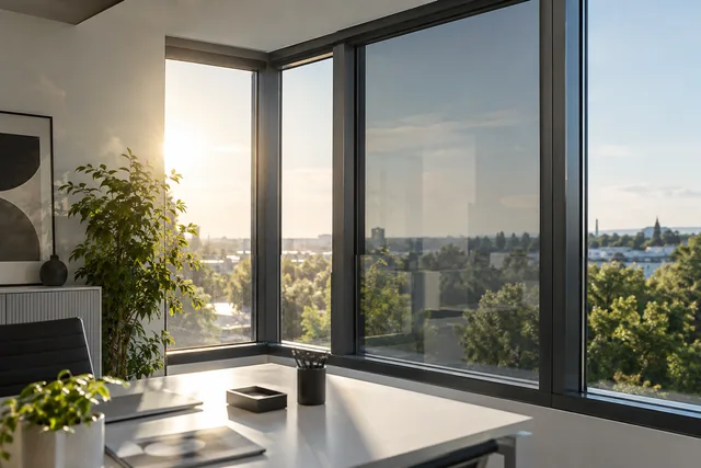 Büro mit dezent getönter Fensterfolie, weißem Schreibtisch und Blick ins Freie.