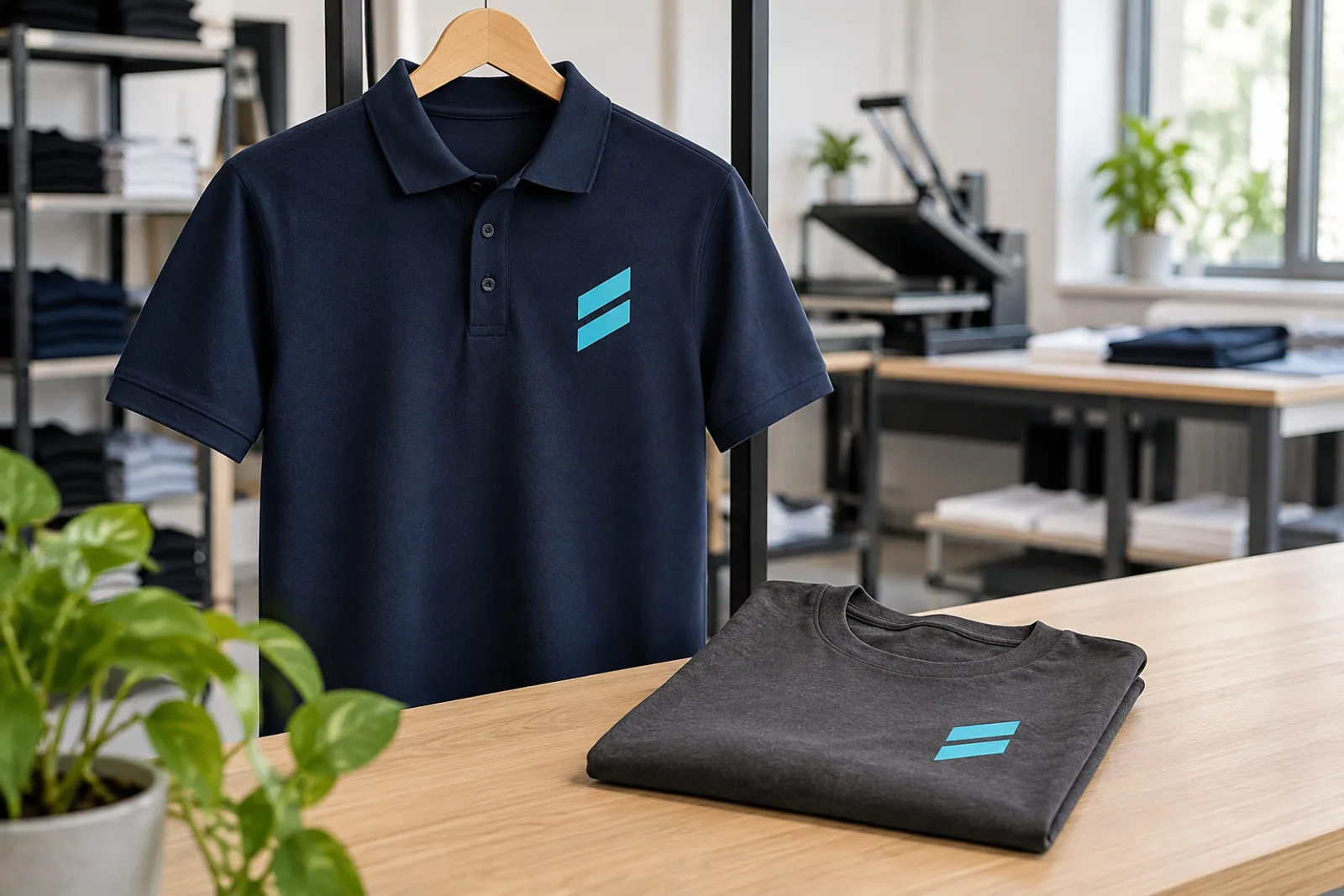 Marineblaues Poloshirt und graues T-Shirt mit türkisfarbenem Zweistreifendruck in einer Textilwerkstatt.