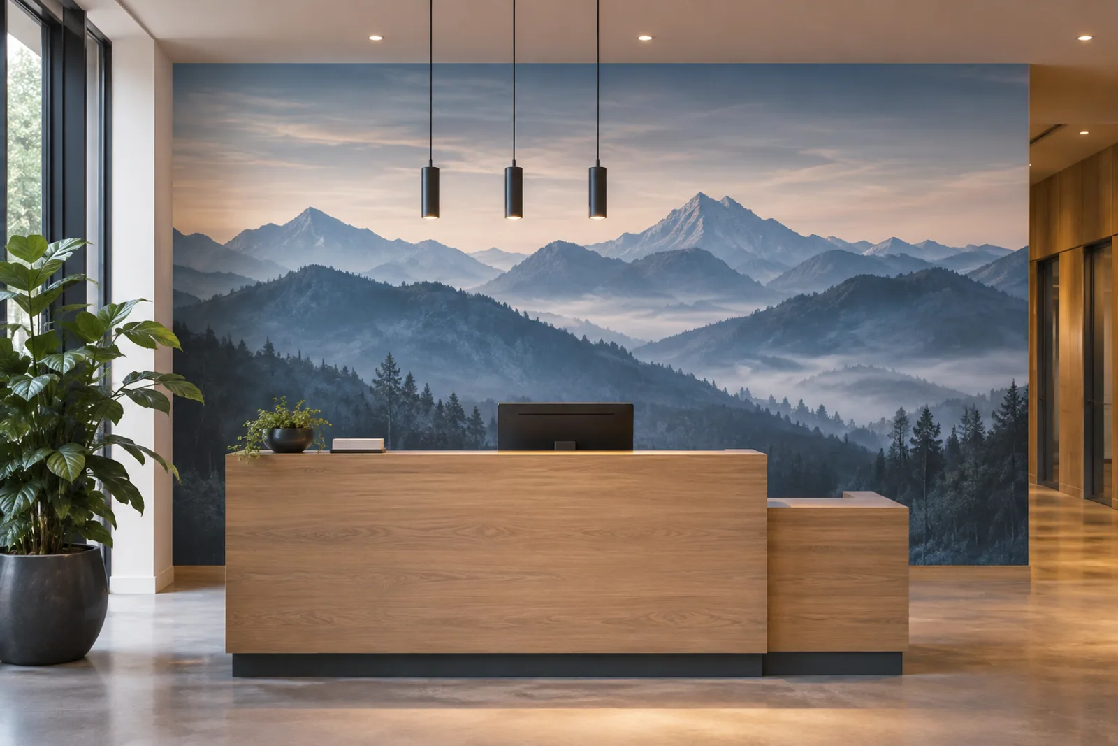 Empfangstresen aus Holz vor einer wandfüllenden blauen Berglandschaft.