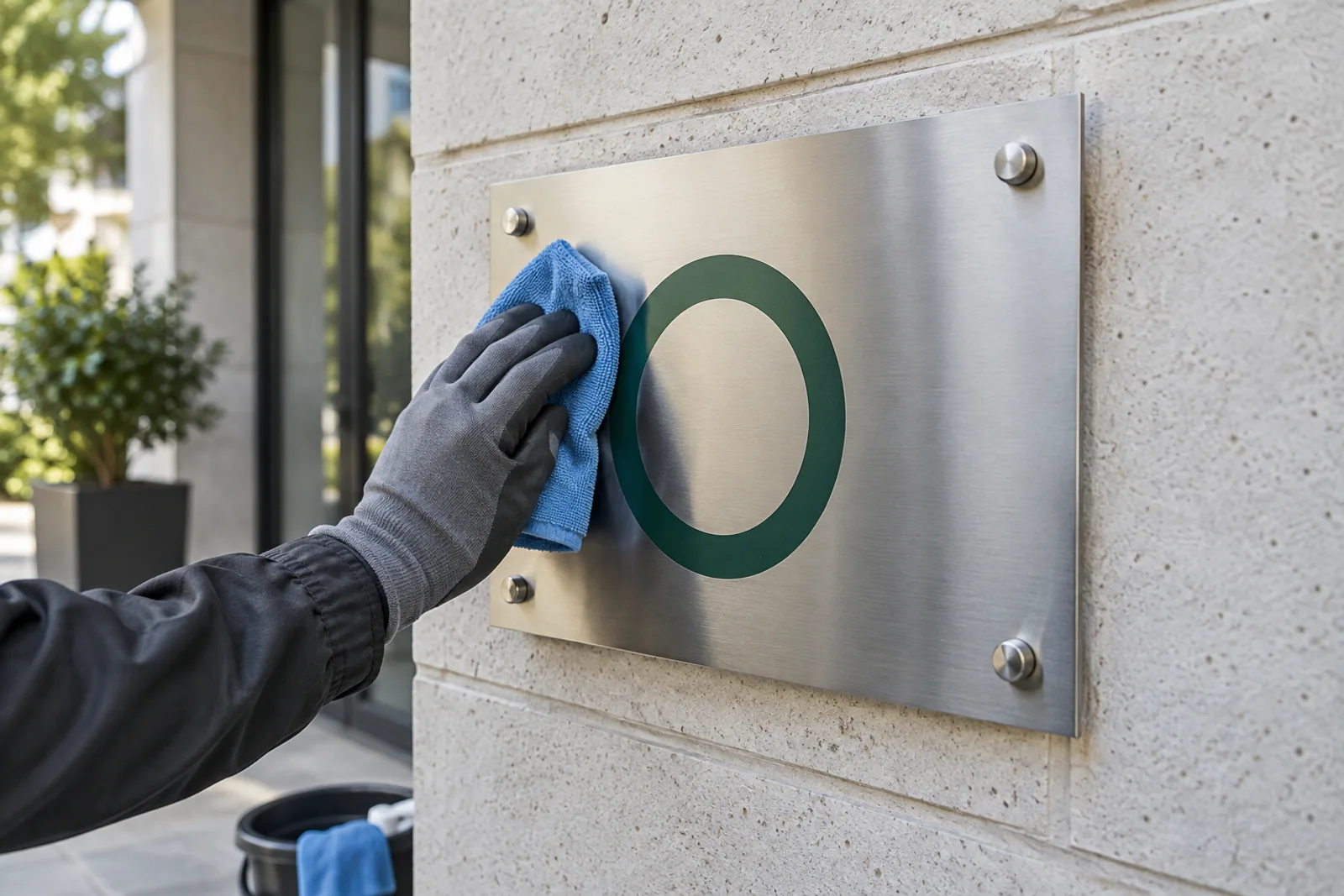 Behandschuhte Hand reinigt ein Metallschild mit grünem Ring und blauem Mikrofasertuch.