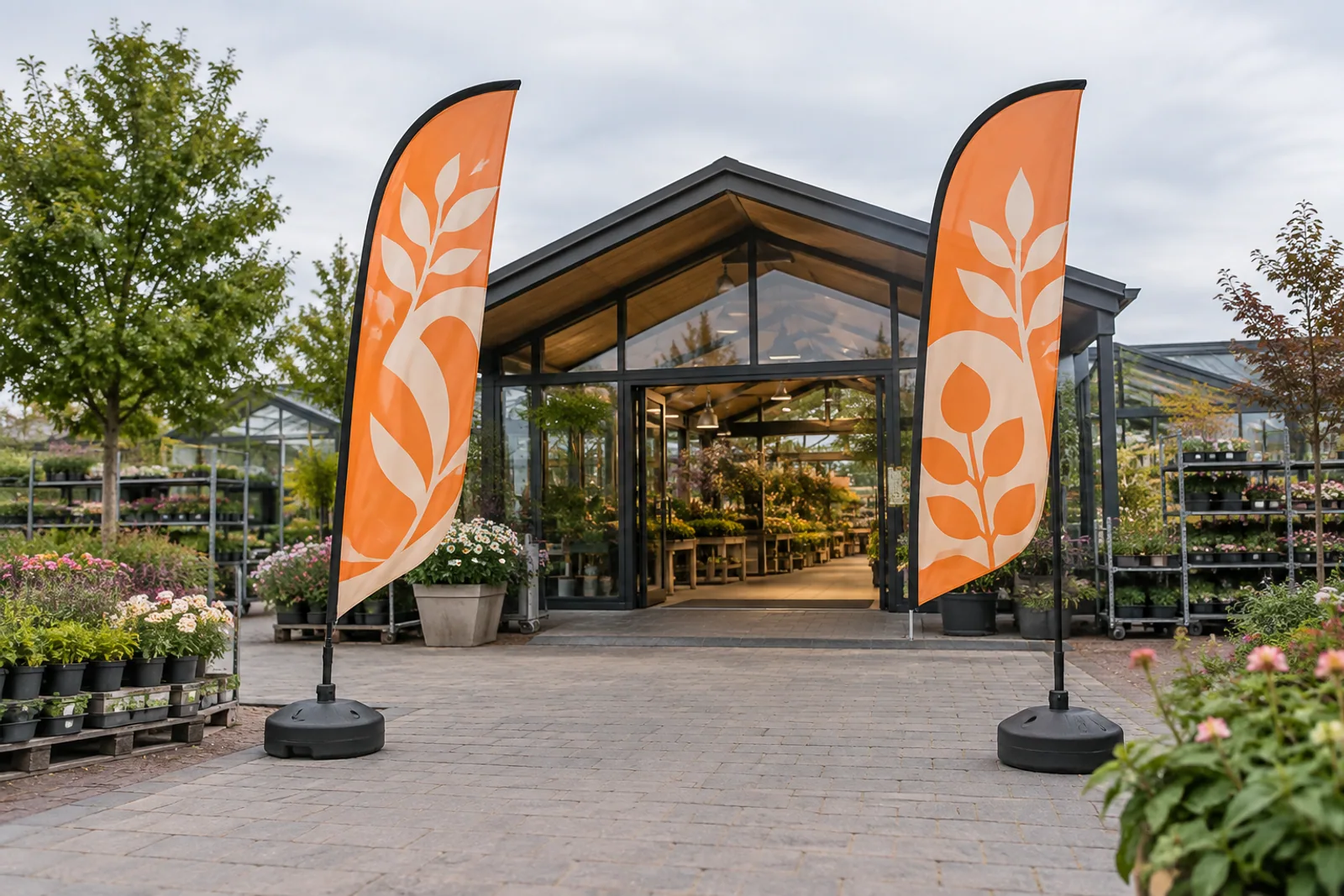 Zwei orange Beachflags mit Blattmotiven vor einem Gartencenter.