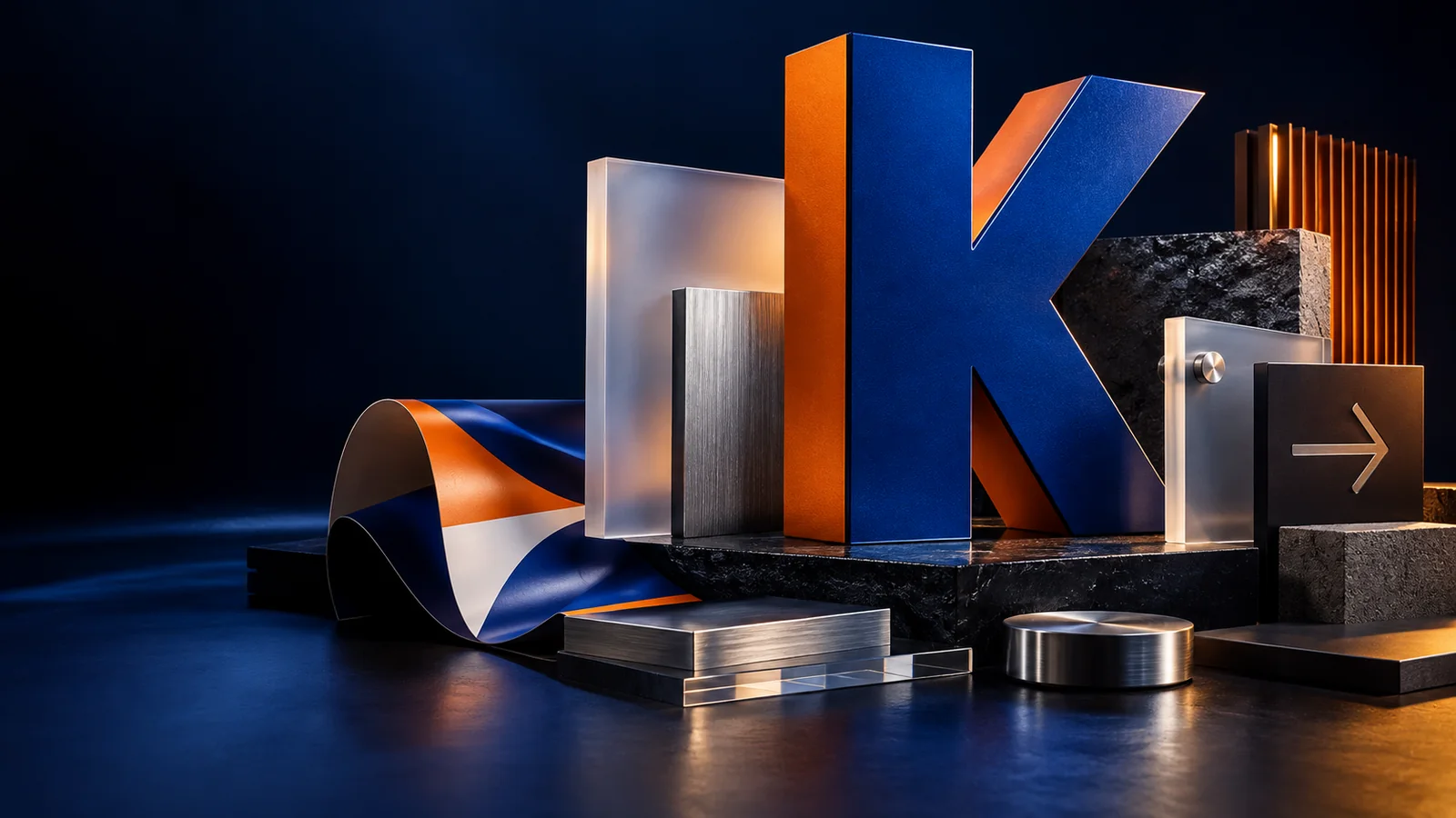 KI-Gestaltungsbeispiel: Materialkomposition mit blauem K, Metall, Acryl und bedruckter Folie