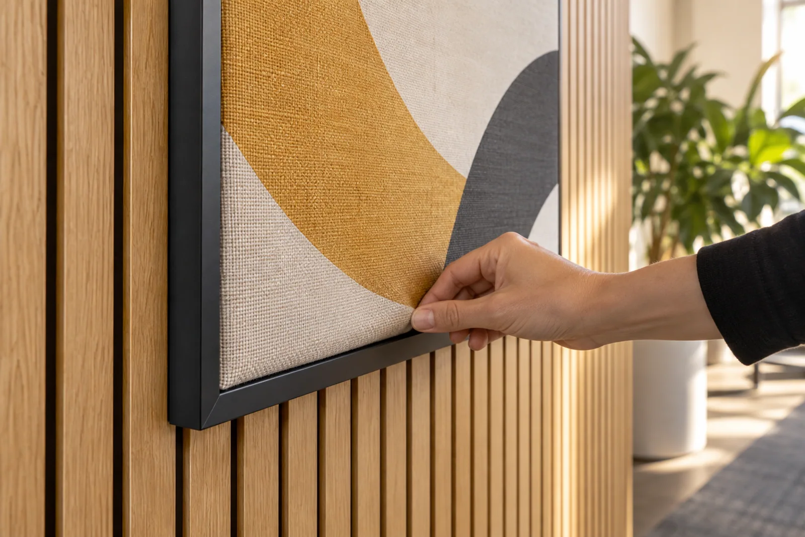 Eine Hand drückt die Stoffkante eines bedruckten Akustikbilds in den dunklen Rahmen vor einer Holzlamellenwand.