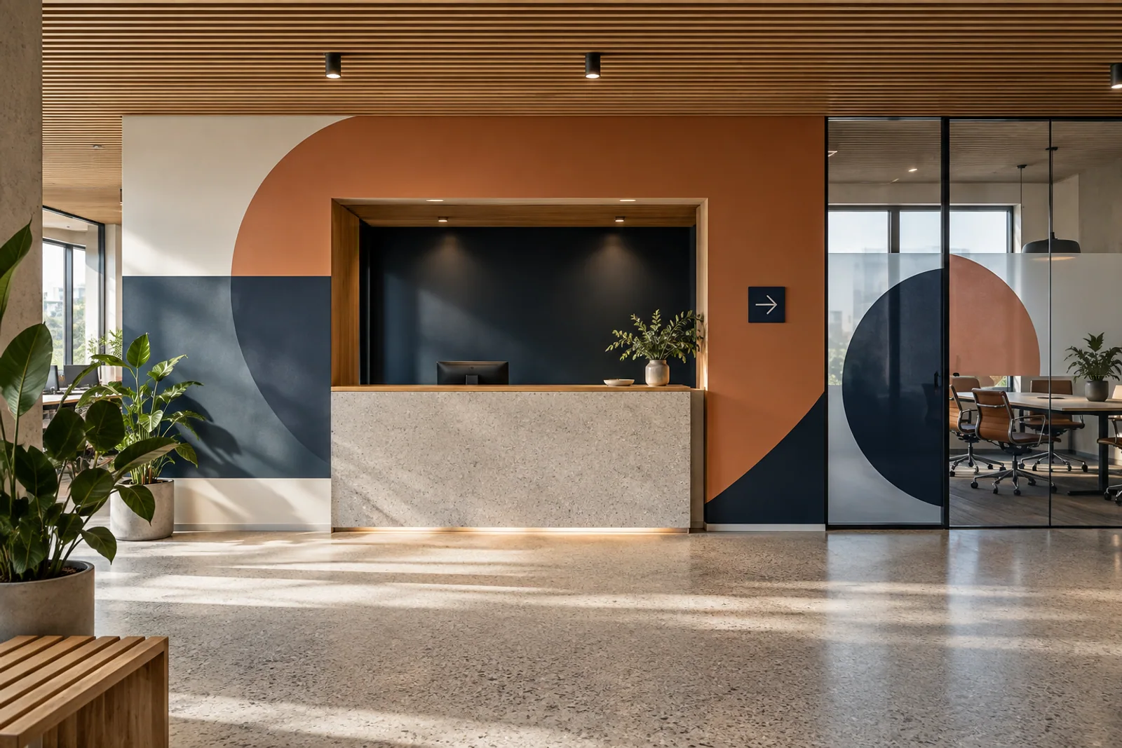 Büroempfang mit durchgehender Grafik in Terrakotta und Dunkelblau über Wand und Glasflächen.