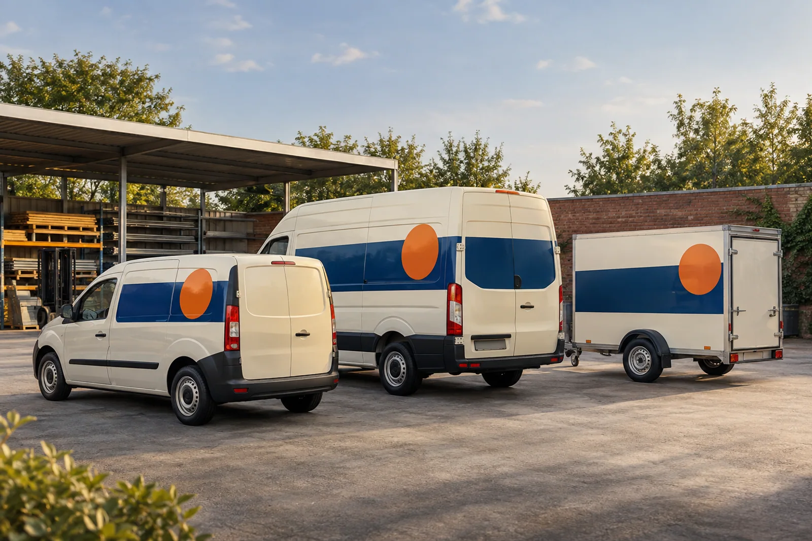 Zwei verschieden große Transporter und ein Kofferanhänger mit abgestimmten blauen Folienbändern und orangefarbenen Kreisen.