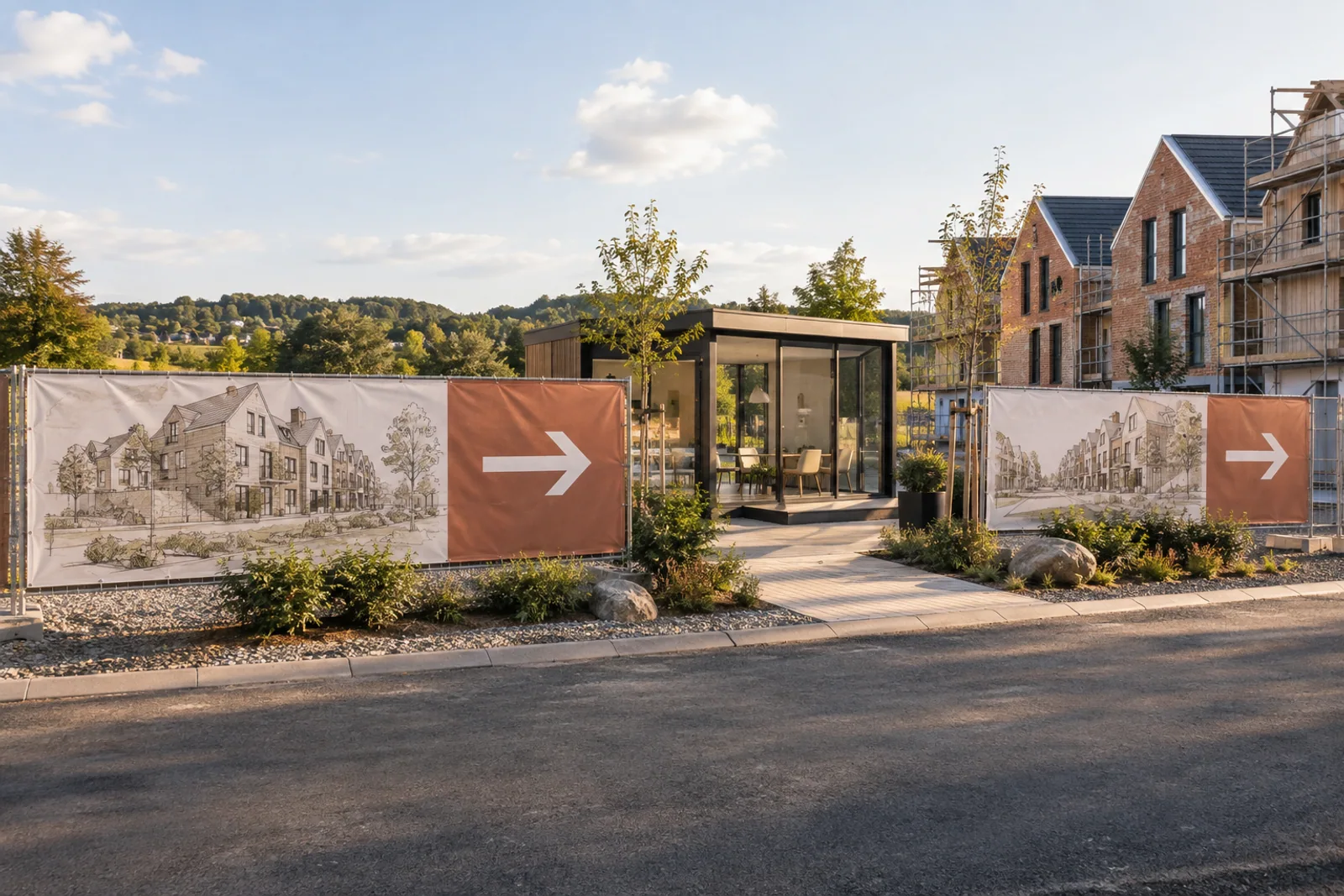 Bauzaunbanner mit Architekturzeichnungen und Richtungspfeilen führen zu einem gläsernen Informationspavillon.