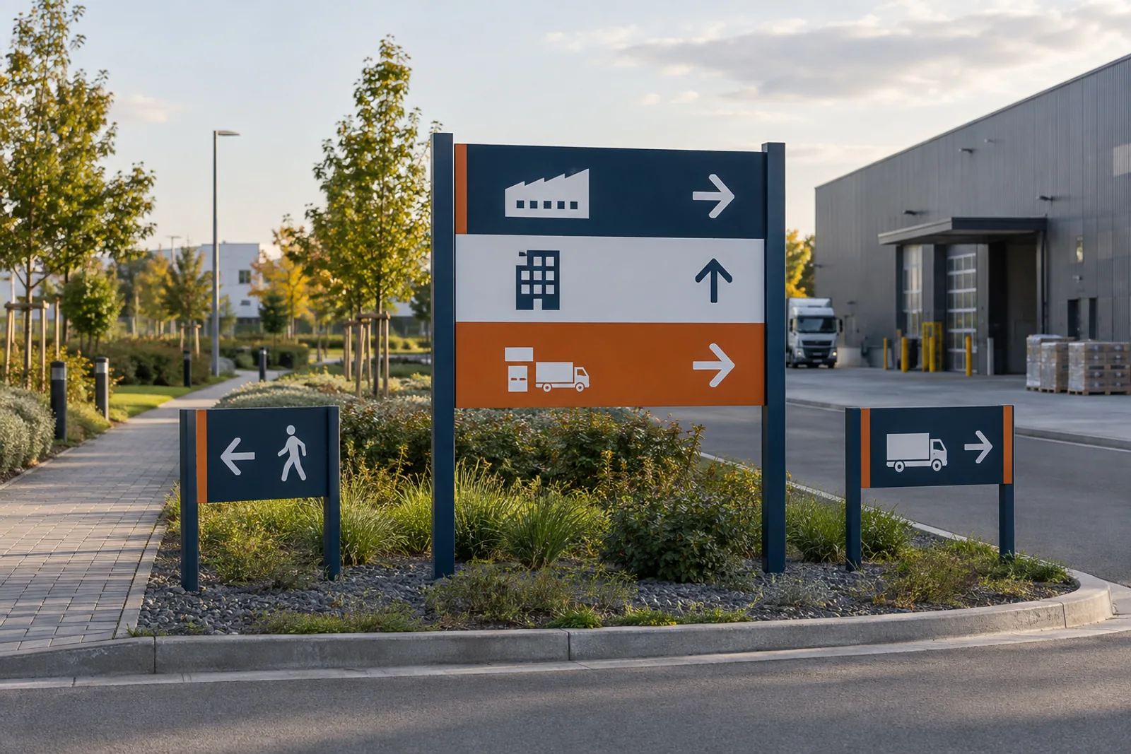 Abgestimmte Übersichtstafel und zwei kleinere Wegweiser für Fußgänger und Lieferverkehr auf einem Gewerbegelände.