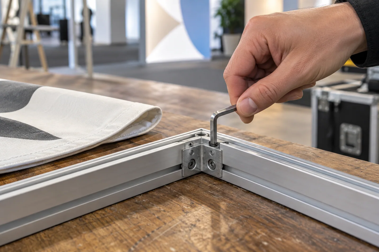 Eine Hand zieht den Eckverbinder zweier Aluminiumprofile mit einem Innensechskantschlüssel fest.