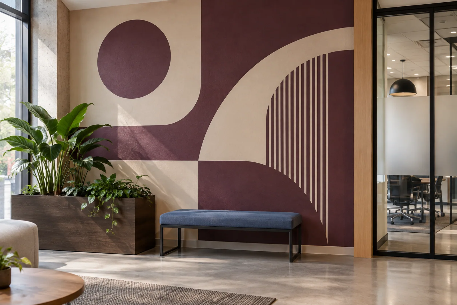 Bürolounge mit großflächiger violett-cremefarbener Wandgrafik, Sitzbank und angrenzendem Glasbesprechungsraum.
