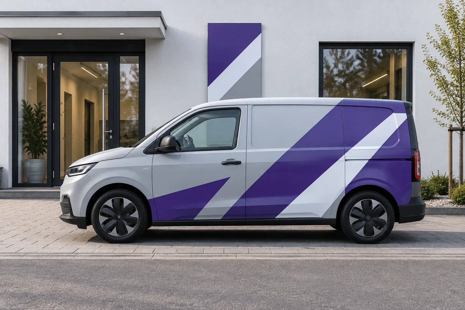 Kompakter hellgrauer Transporter mit violett-weißer Foliengestaltung vor einem passenden Fassadenelement.