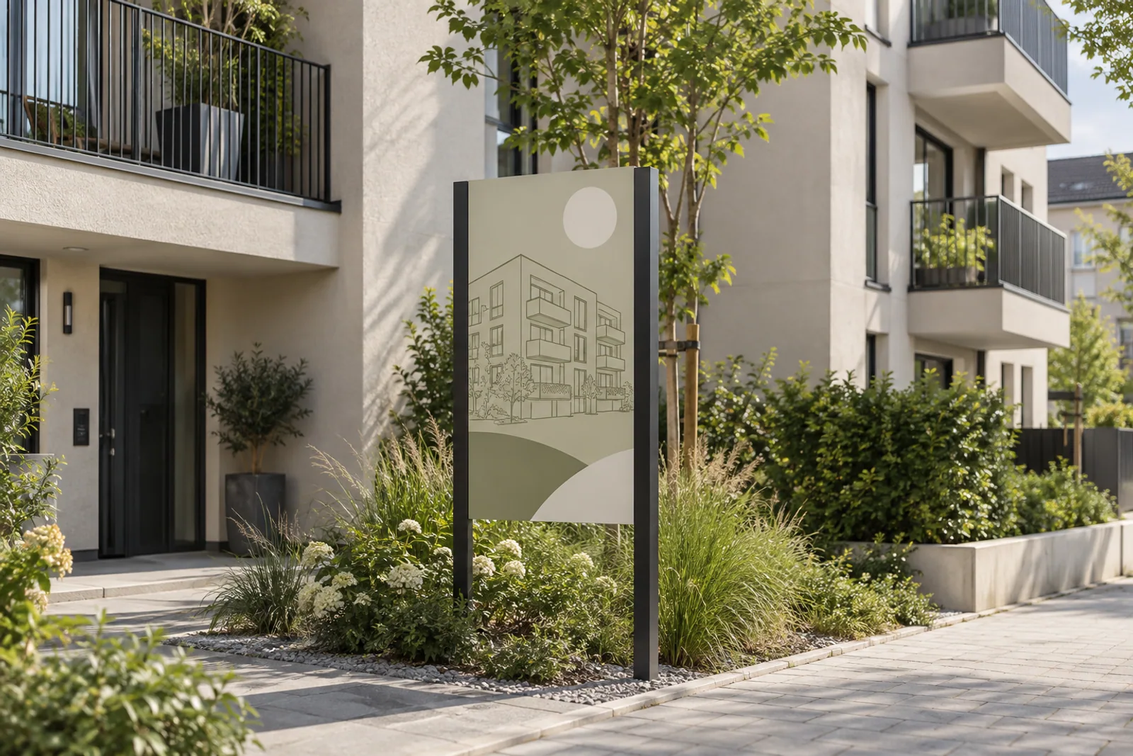 Schmale Immobilien-Werbetafel mit Architekturzeichnung vor einem modernen Wohngebäude mit Balkonen.