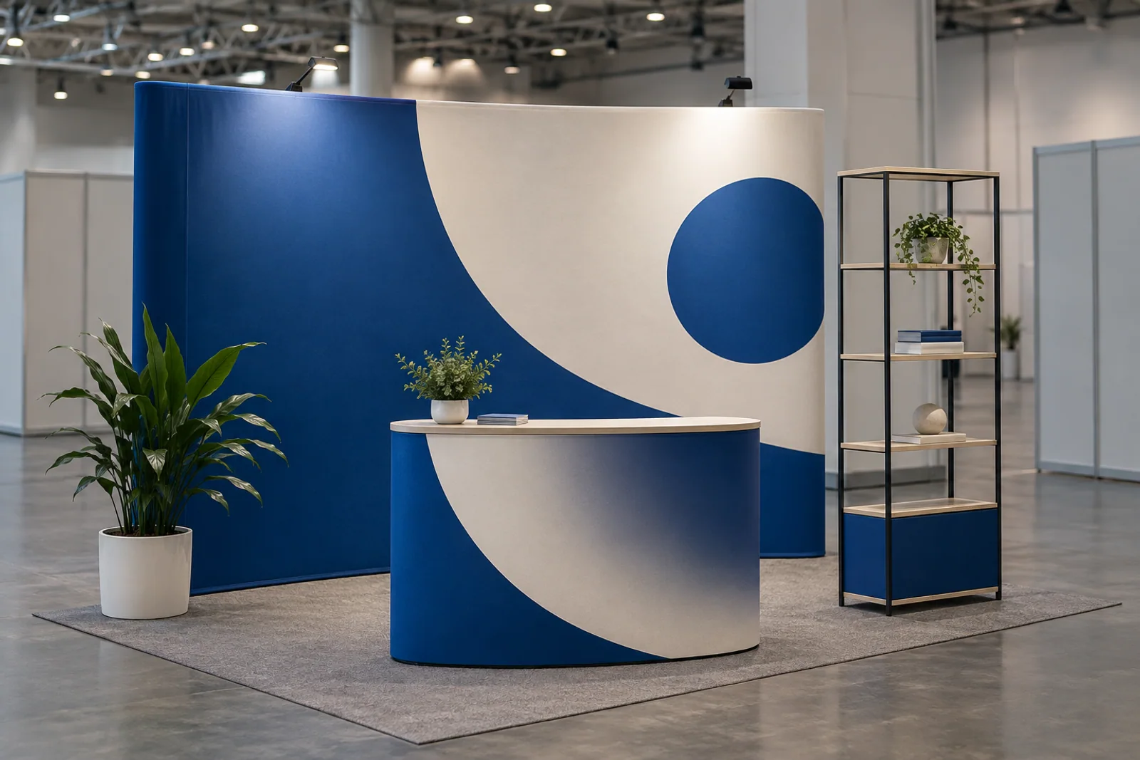 Kompakter blau-cremefarbener Messestand mit Stoffrückwand, passendem Counter und offenem Präsentationsregal.