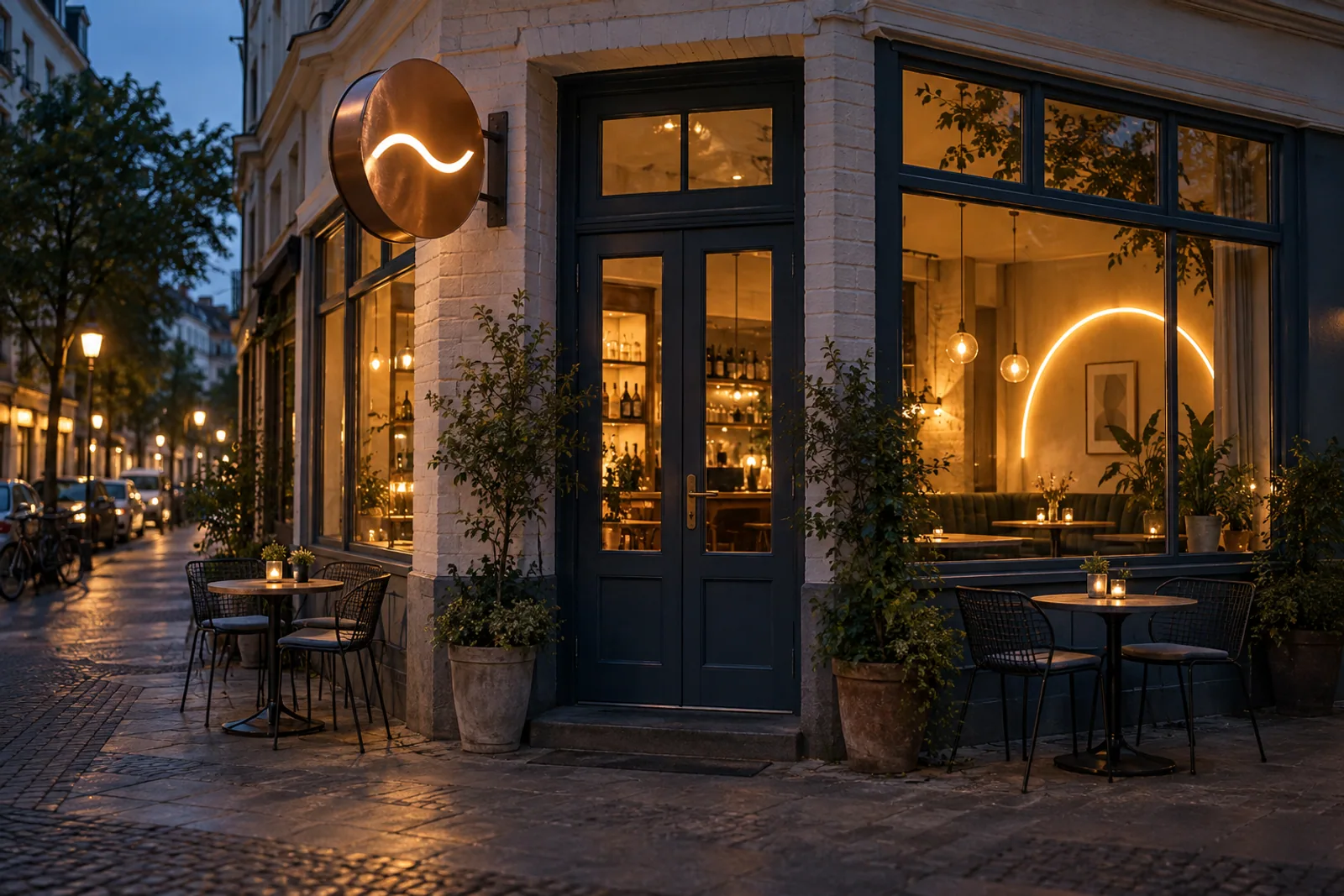 Bistro an einer Straßenecke mit rundem kupferfarbenem Leuchtausleger und einem warmen Lichtbogen im Innenraum.