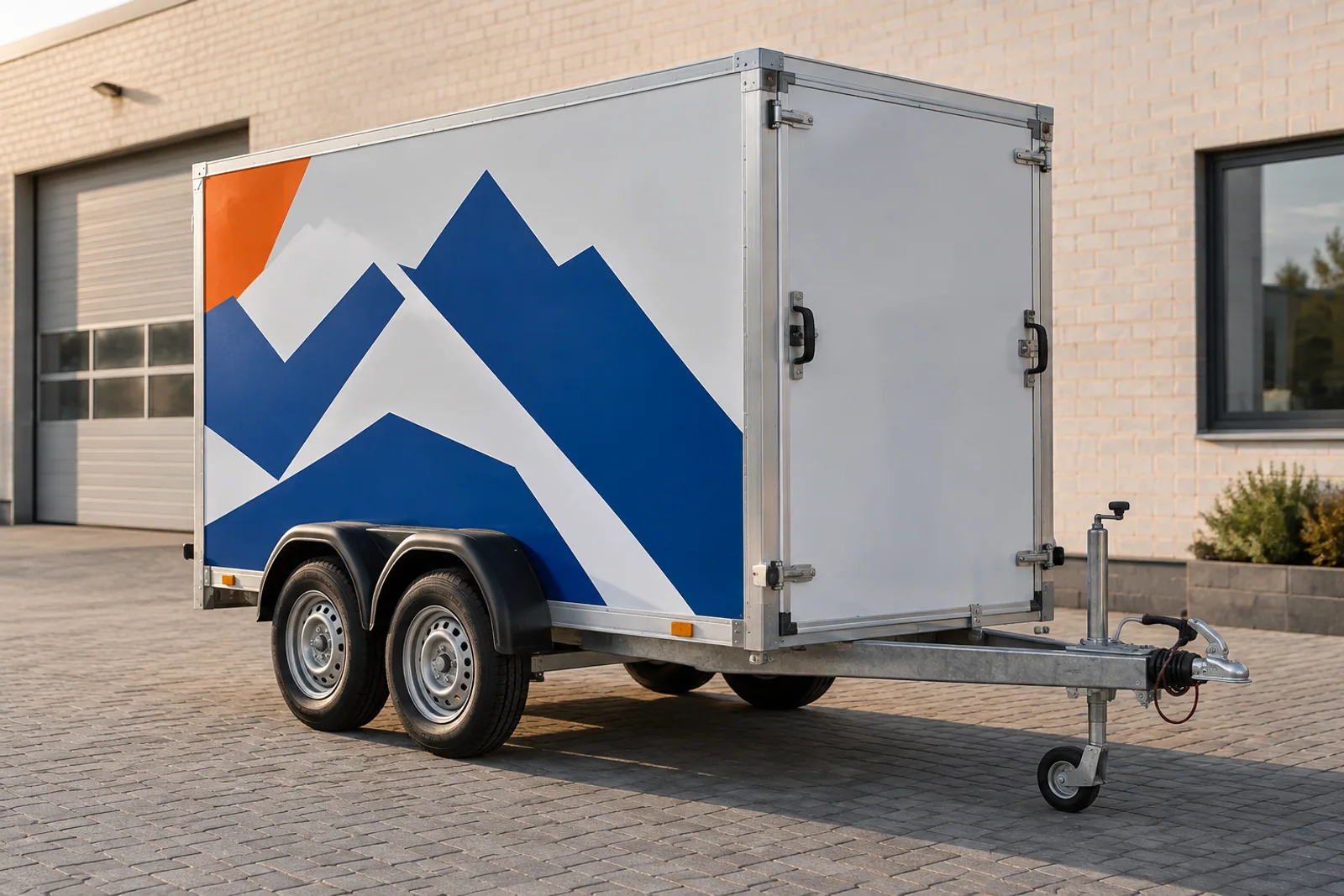 Zweiachsiger Kofferanhänger mit blau-weißer Flächengrafik und orangefarbenem Akzent im Betriebshof.