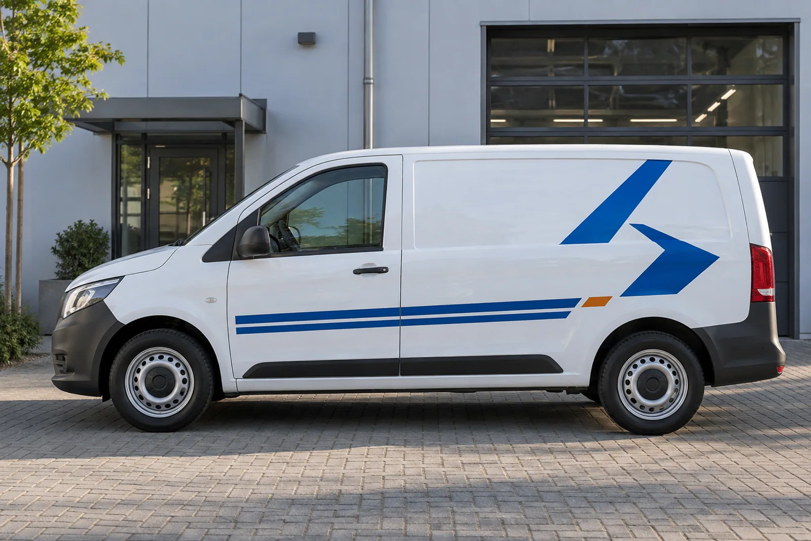 Weißer Transporter mit blauen Plotgrafiken und schmalen Streifen vor einer Werkstatt.