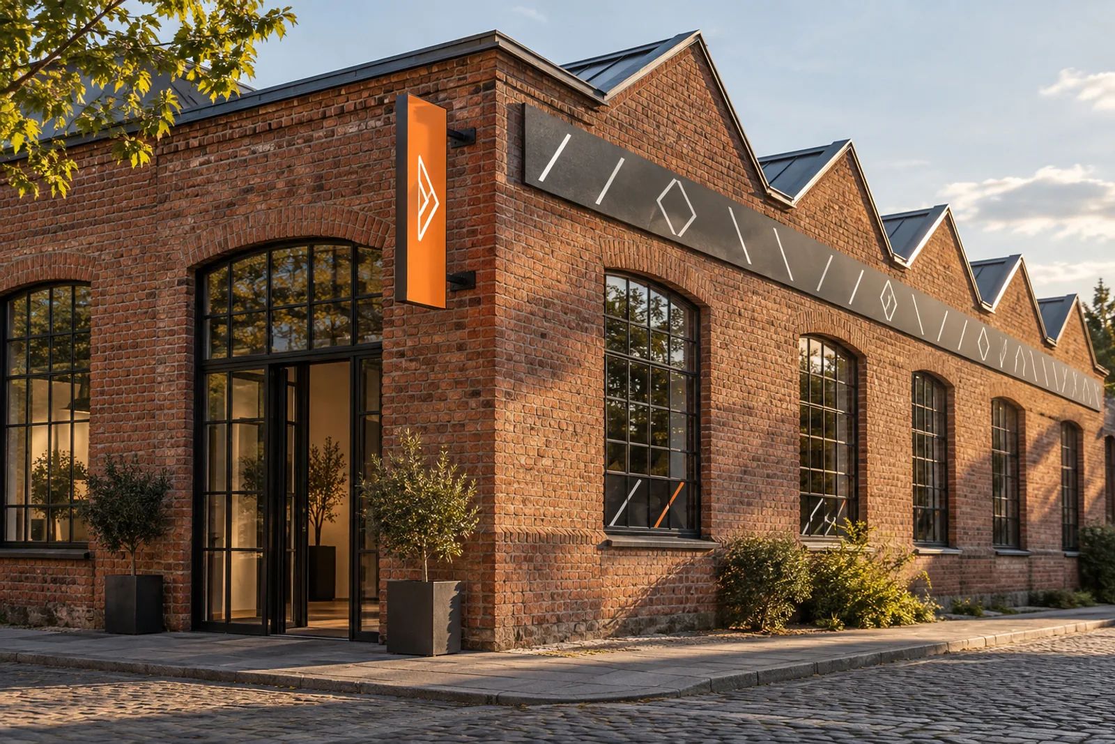 Backsteingebäude mit abgestimmter Fassadenblende, orangefarbenem Auslegerschild und dezenten Fensterakzenten.