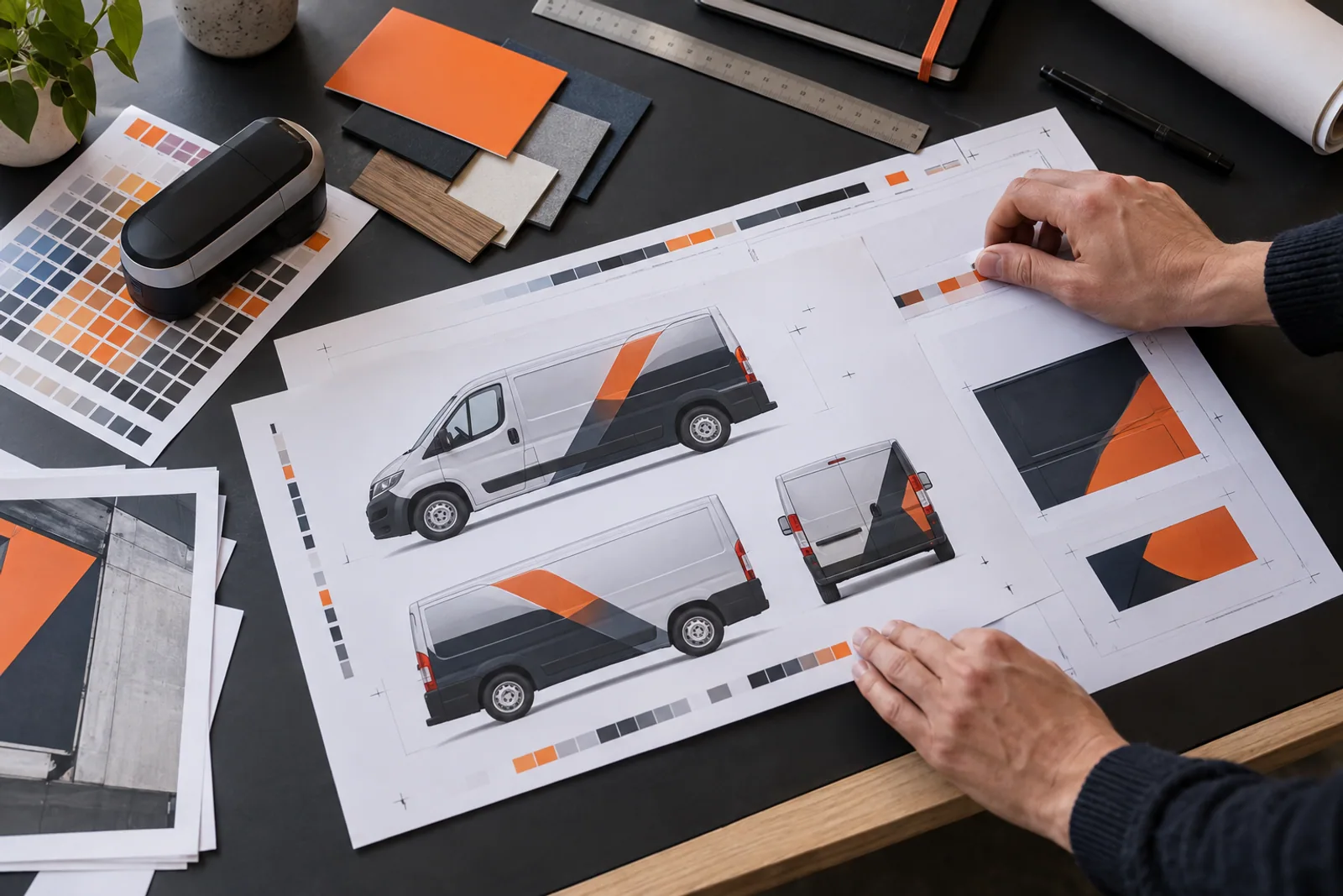 Fahrzeuglayouts, Farbprüfstreifen und Materialmuster werden auf einem Arbeitstisch für die Druckproduktion abgestimmt.