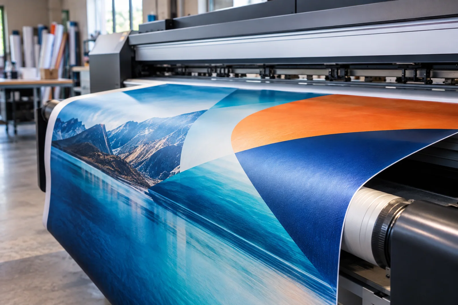Großformatdrucker mit breiter bedruckter Bahn und blauem Landschaftsmotiv mit orangefarbenem Akzent.