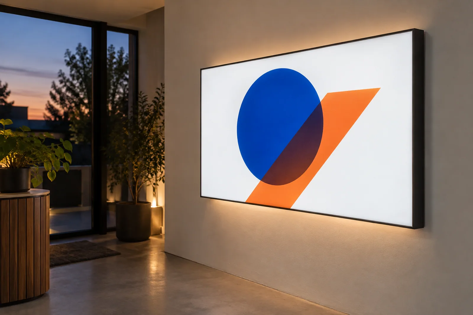 Flacher beleuchteter Wandkasten mit abstraktem blau-orangefarbenem Motiv in einem Innenraum.