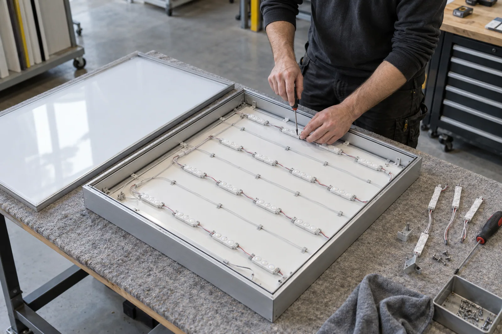 Geöffneter Leuchtkasten mit geordneten LED-Modulen bei der Überarbeitung auf einer Werkbank.