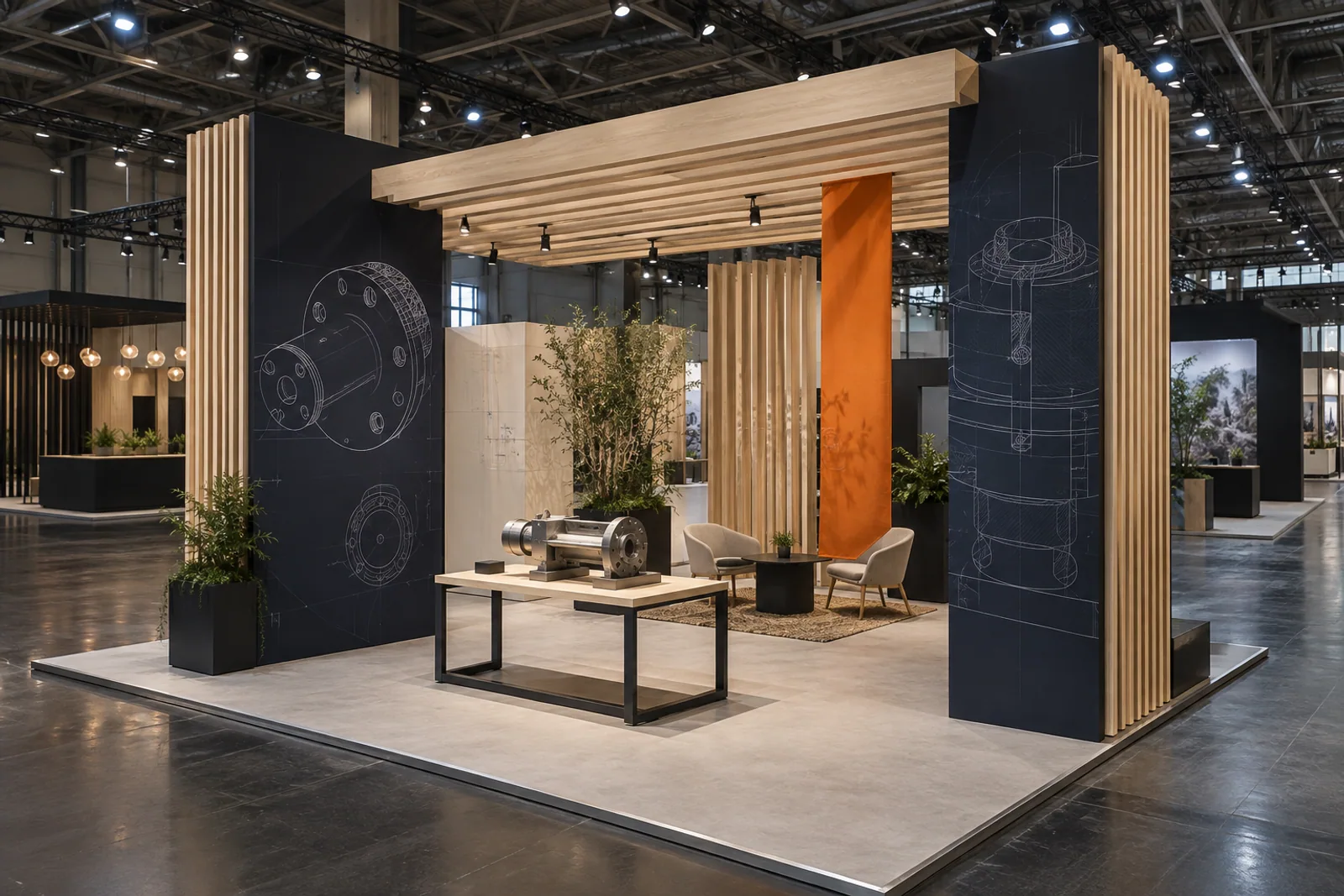 Offener Messestand mit Holzlamellen, technischen Bildmotiven, Produkttisch und kleiner Besprechungszone.
