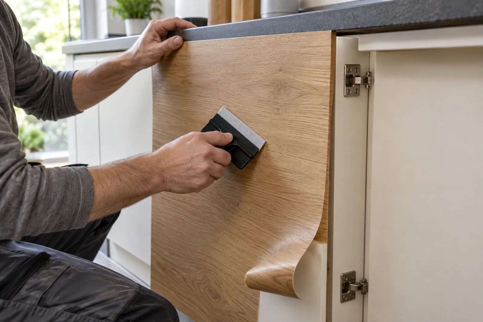 Handwerkliche Folierung einer Schrankfront mit Holzdekorfolie und Filzrakel.