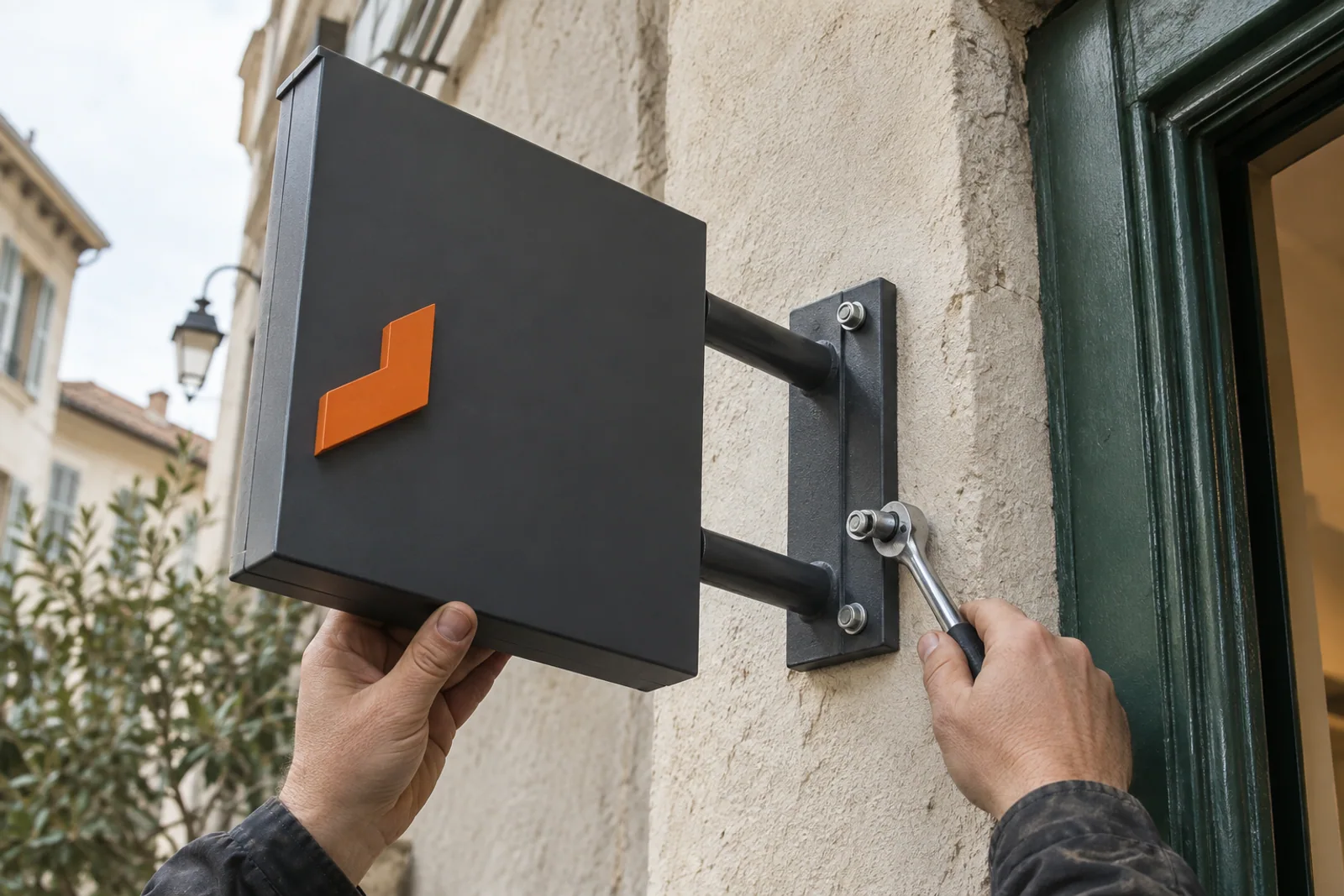 Hände befestigen ein anthrazitfarbenes Auslegerschild mit einer Ratsche an einer Außenwand.