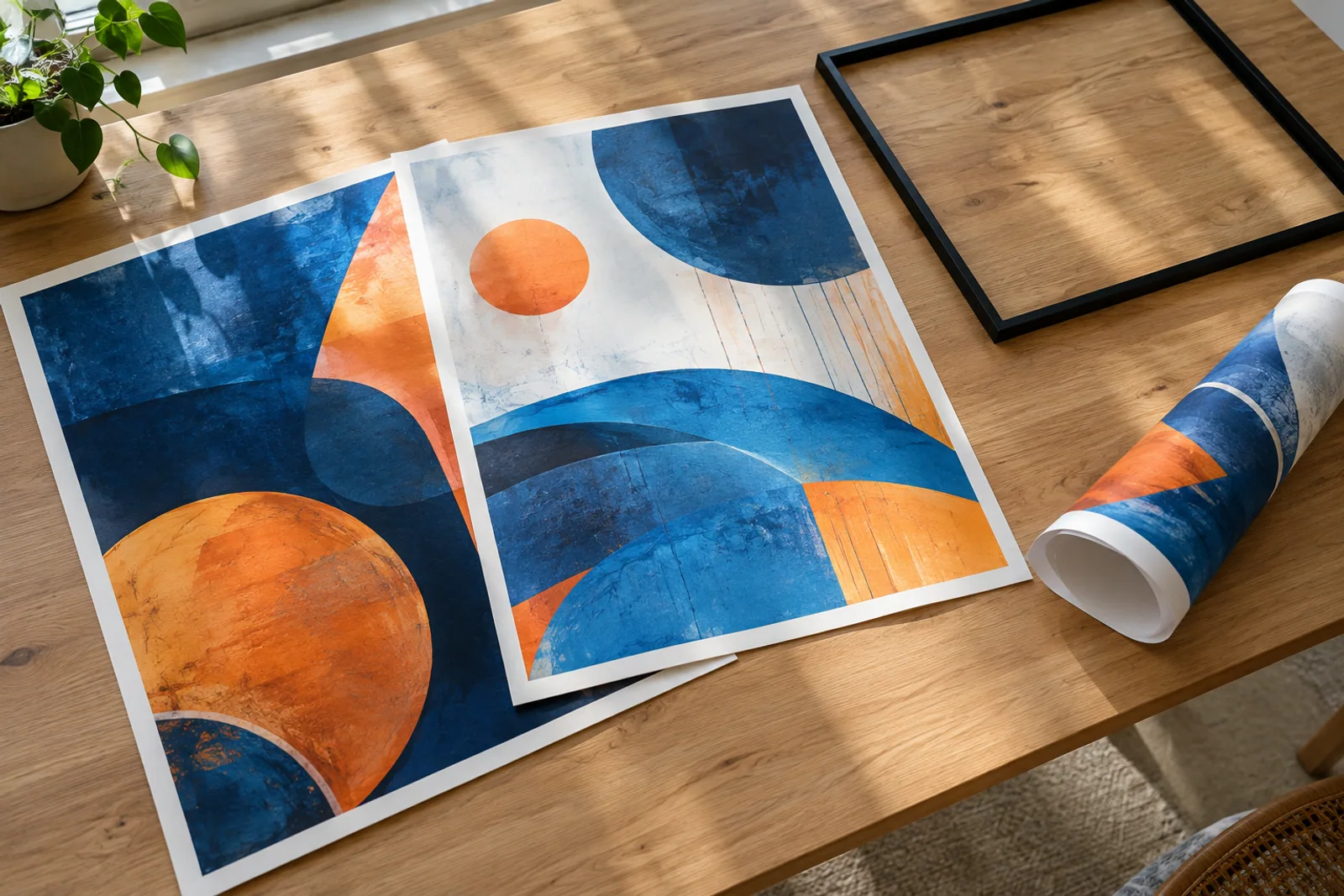 Bedruckte Papierposter mit abstrakten blau-orangefarbenen Motiven und einer gerollten Papierbahn auf einem Holztisch.