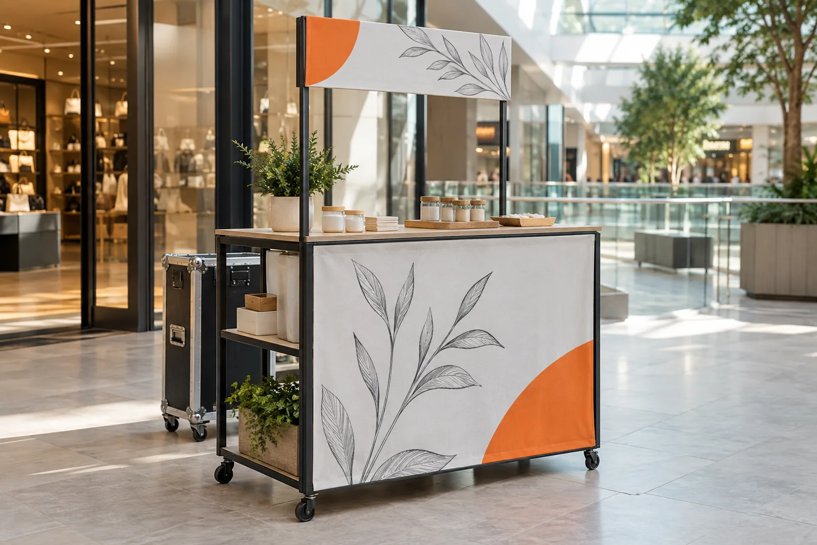 Mobile Promotiontheke auf Rollen mit Pflanzenmotiv, Kopfblende und Musterprodukten in einem Einkaufszentrum.