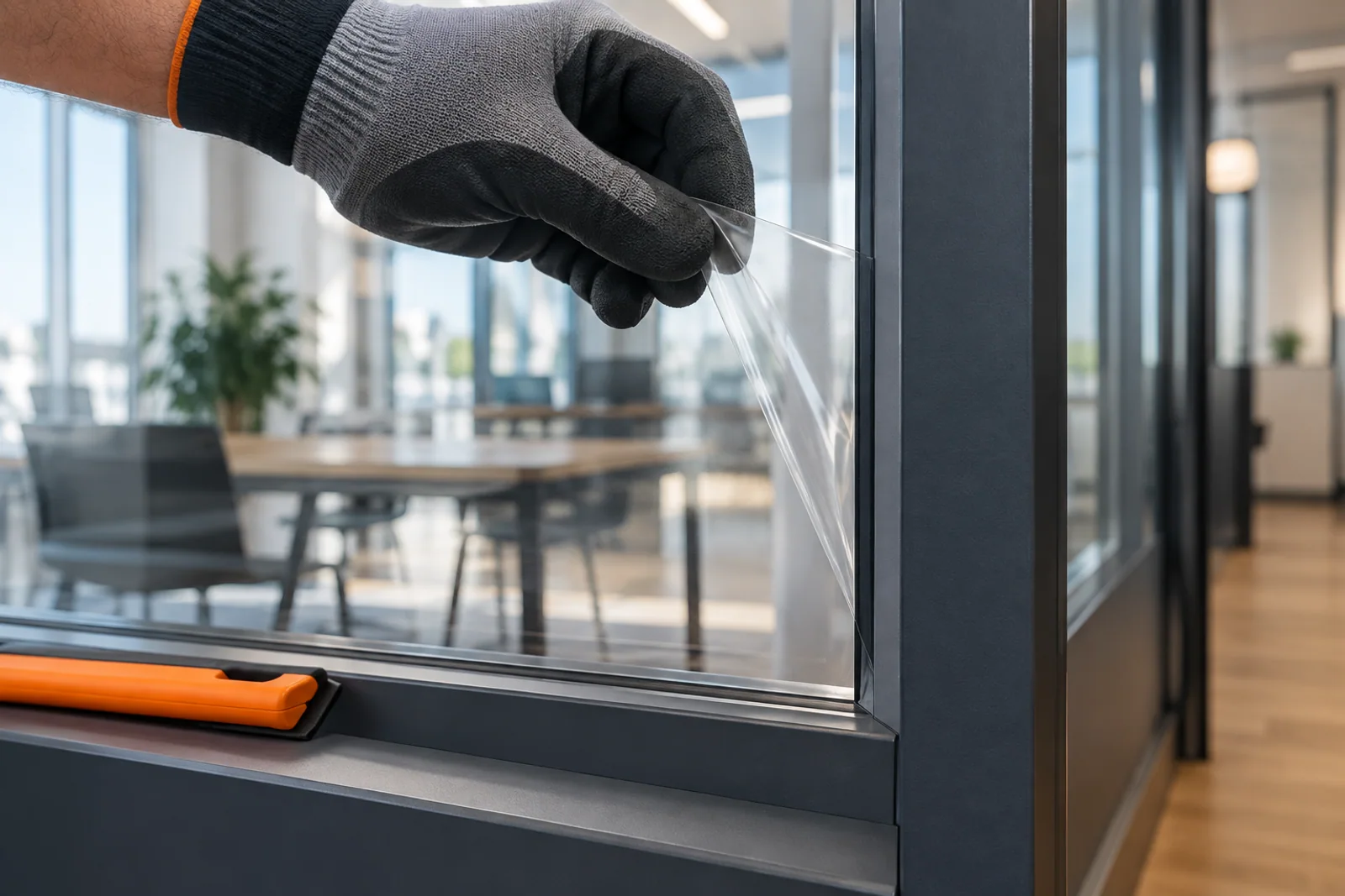 Eine behandschuhte Hand positioniert transparente Folie an der Rahmenecke einer Büroverglasung.