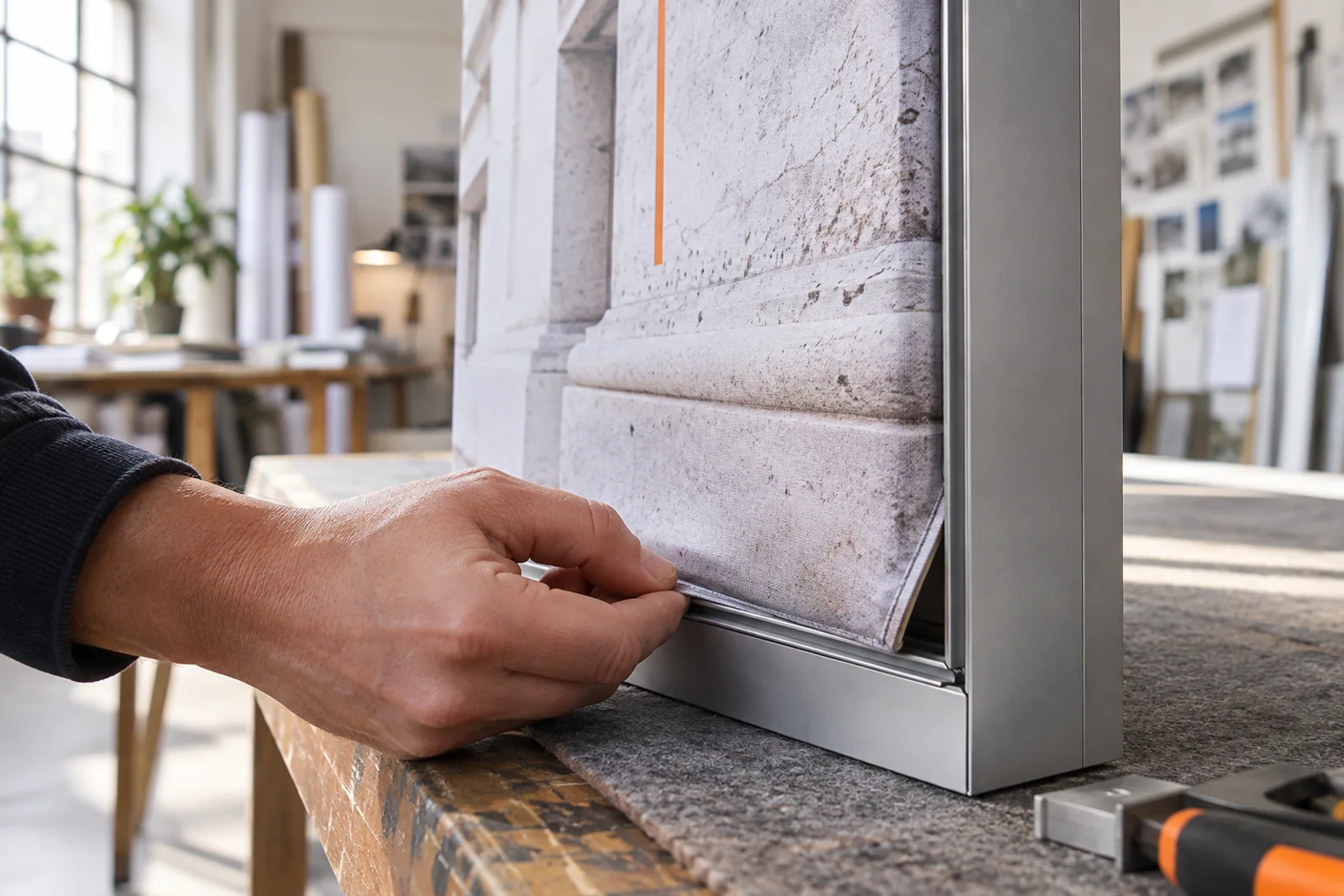 Eine Hand setzt den Keder eines bedruckten Textils in die untere Ecke eines Aluminium-Spannrahmens ein.