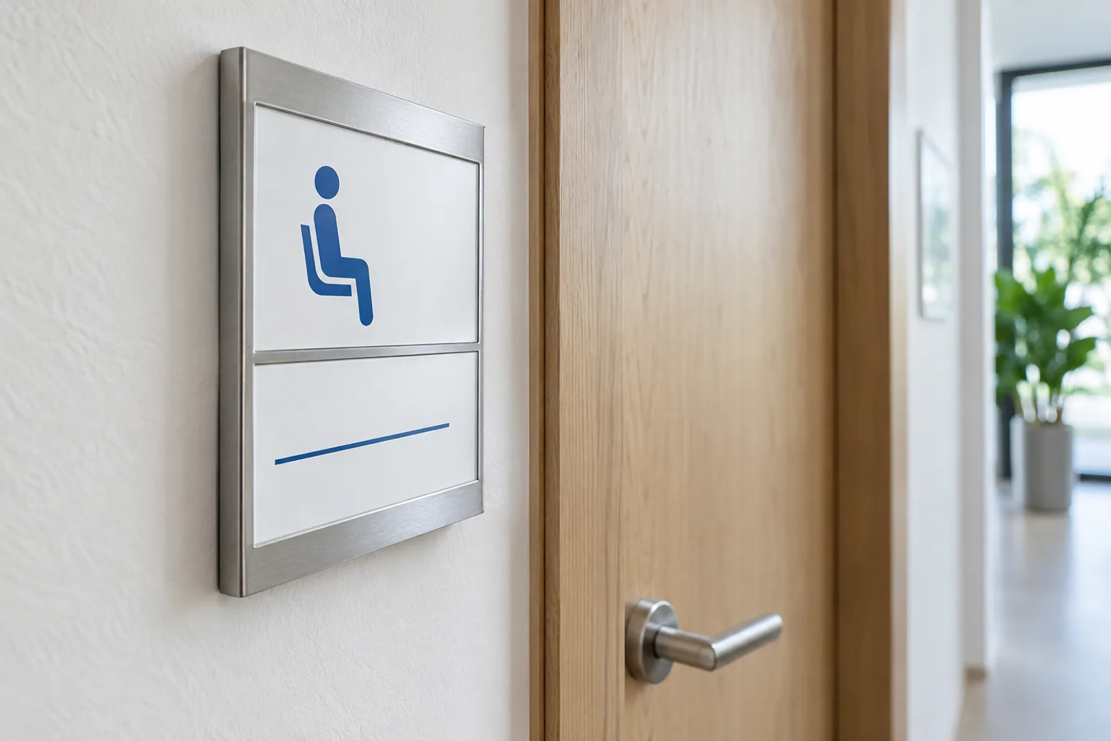 Modulares Türschild aus gebürstetem Metall mit Sitzpiktogramm neben einer hellen Holztür.
