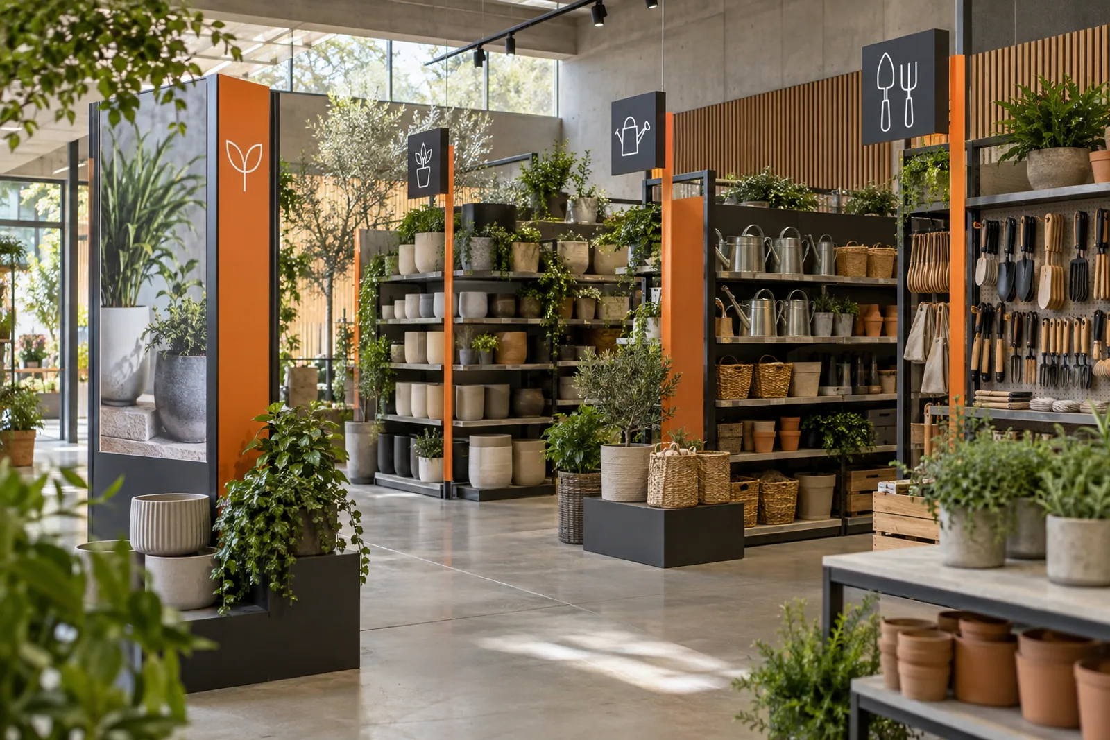 Gartenfachmarkt mit Pflanzgefäßen, Werkzeugen und orange-anthrazit gestalteten Bereichsschildern.
