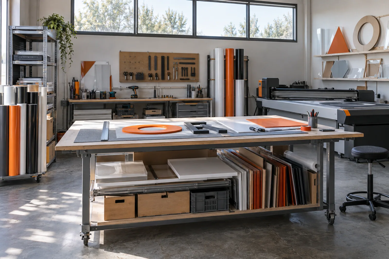 Aufgeräumte Werbetechnikwerkstatt mit zentralem Arbeitstisch, Folienrollen, Plattenmaterial und einer Flachbett-Schneideanlage.