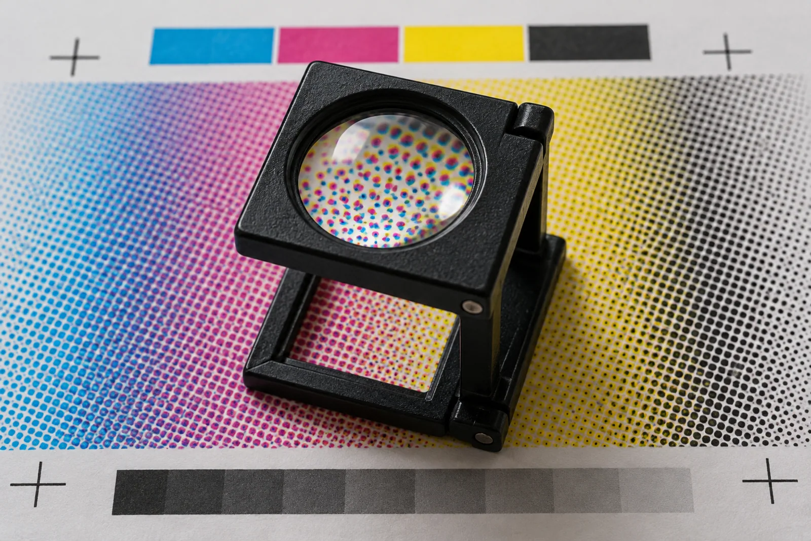 Fadenzähler über einem gedruckten Farbraster mit Cyan-, Magenta-, Gelb- und Schwarzfeldern.