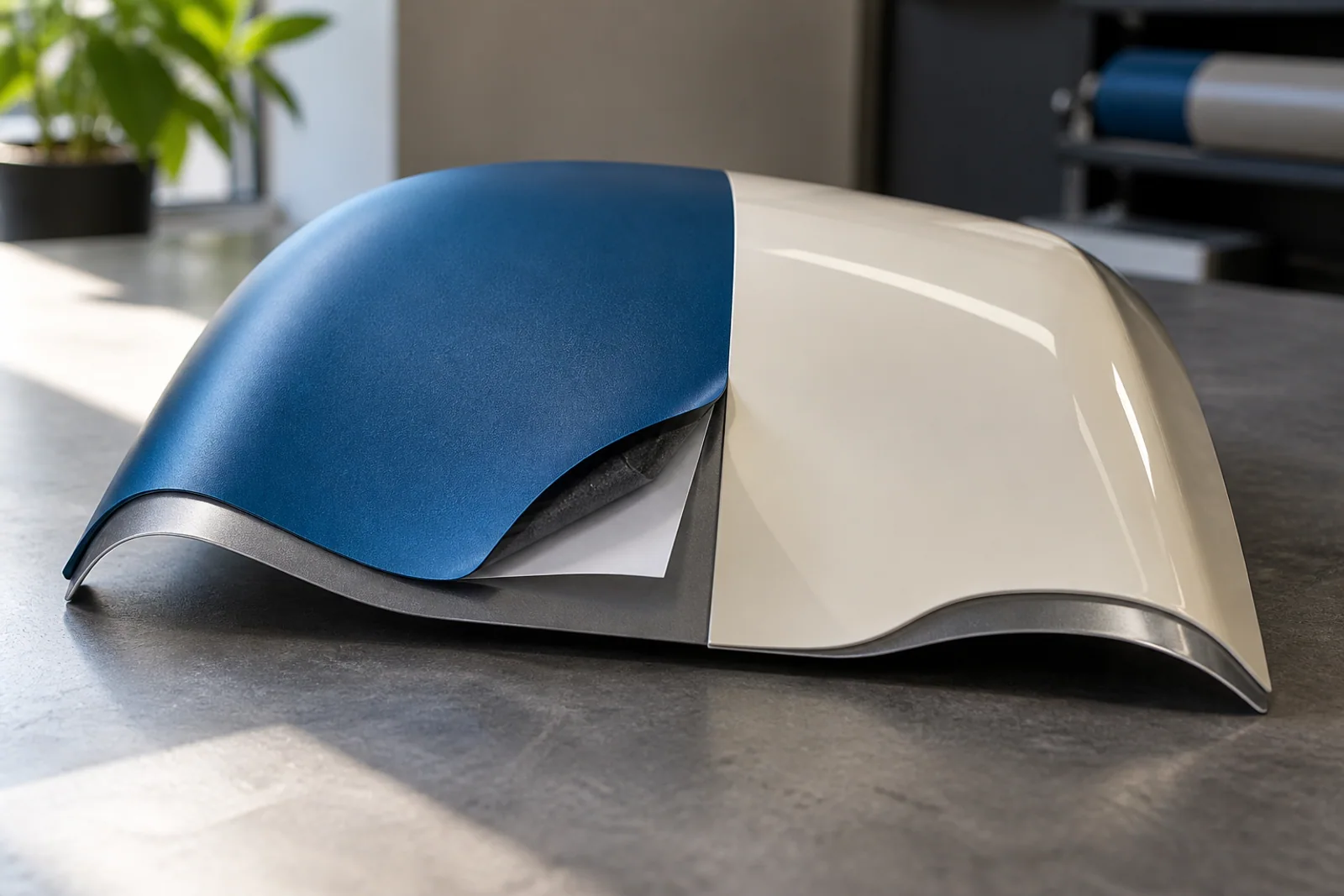 Matte blaue und glänzende cremefarbene Folienmuster auf einem gewölbten Metallteil mit teilweise sichtbarer Trägerschicht.
