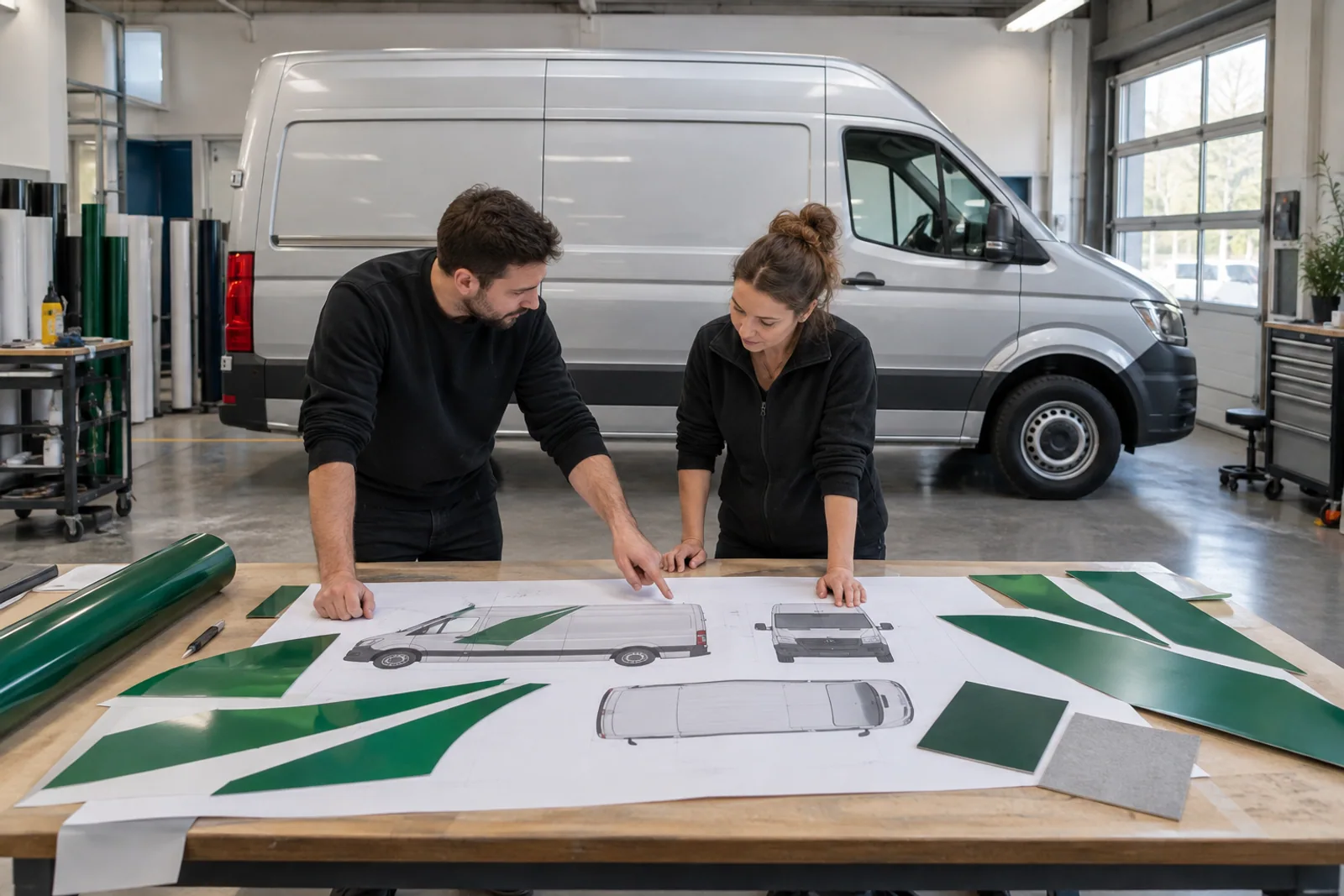 Zwei Personen besprechen Fahrzeugansichten und grüne Folienmuster an einem Tisch vor einem Transporter.