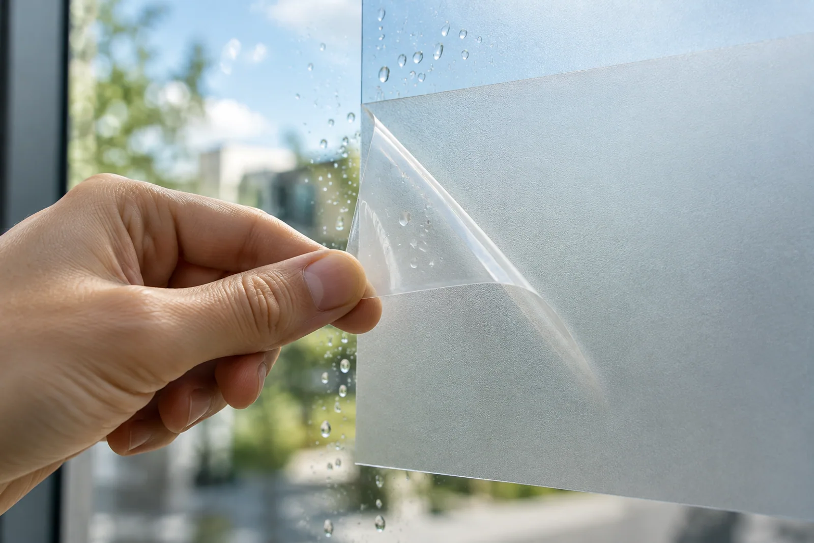 Hand hebt die transparente Trägerfolie an einer nassen Ecke einer satinierten Glasfolie ab.