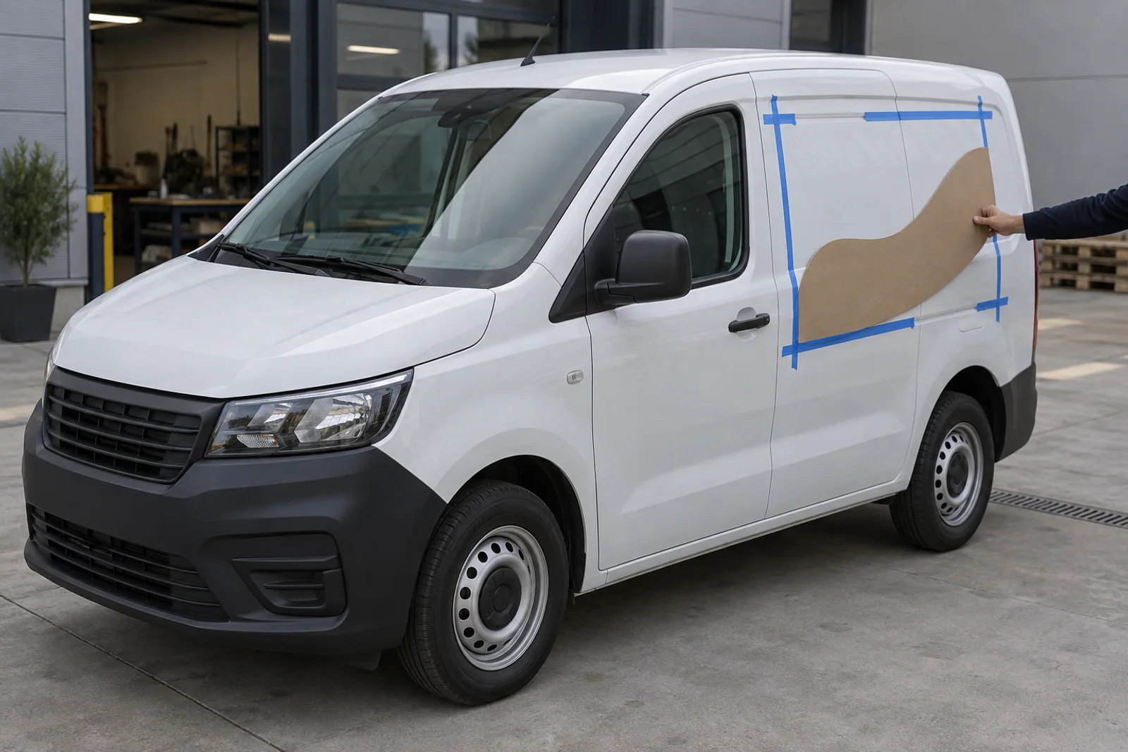 Weißer Transporter mit abgeklebter Gestaltungsfläche und einer provisorisch angehaltenen Papierschablone.